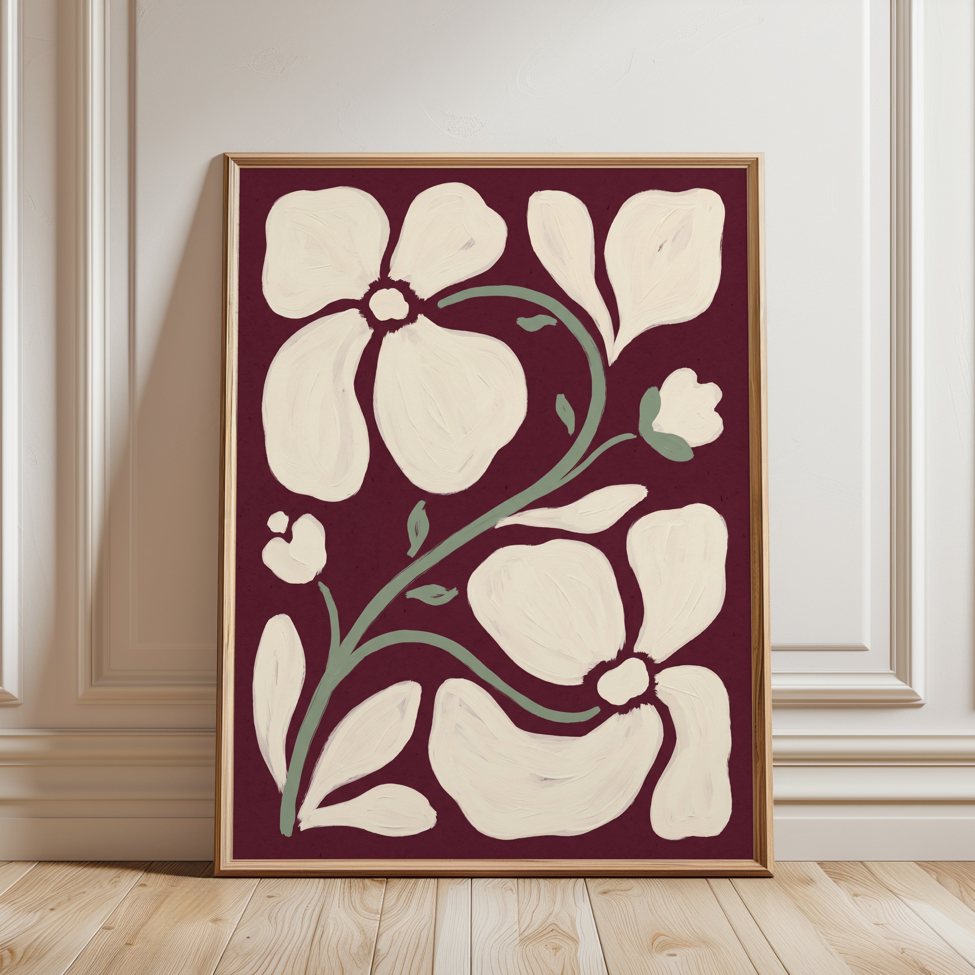 Burgundy Botanical Poster: Abstract Flowers and Leaves - framed detail