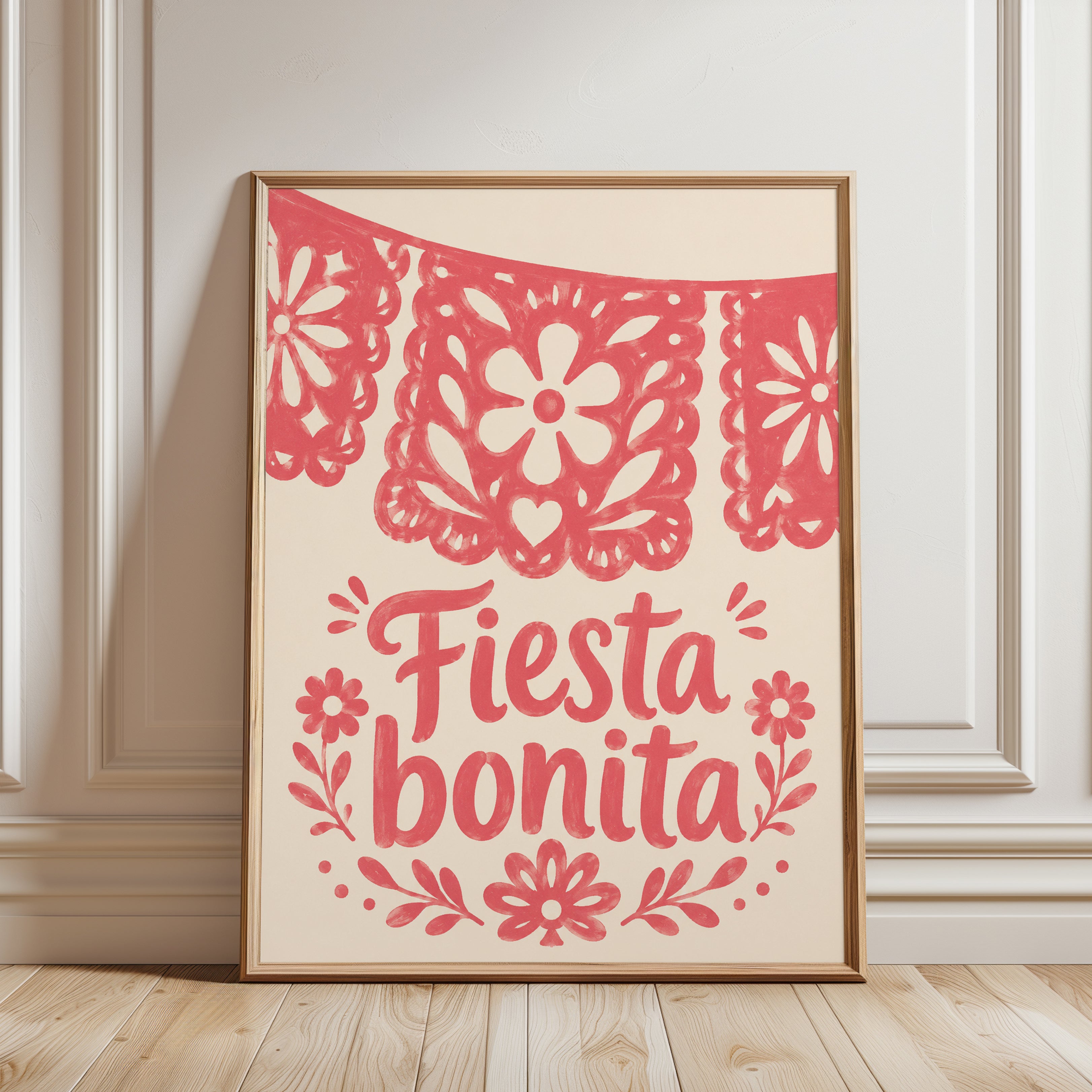 Fiesta Bonita Print: Mexican Papel Picado Folk Art Design - framed detail