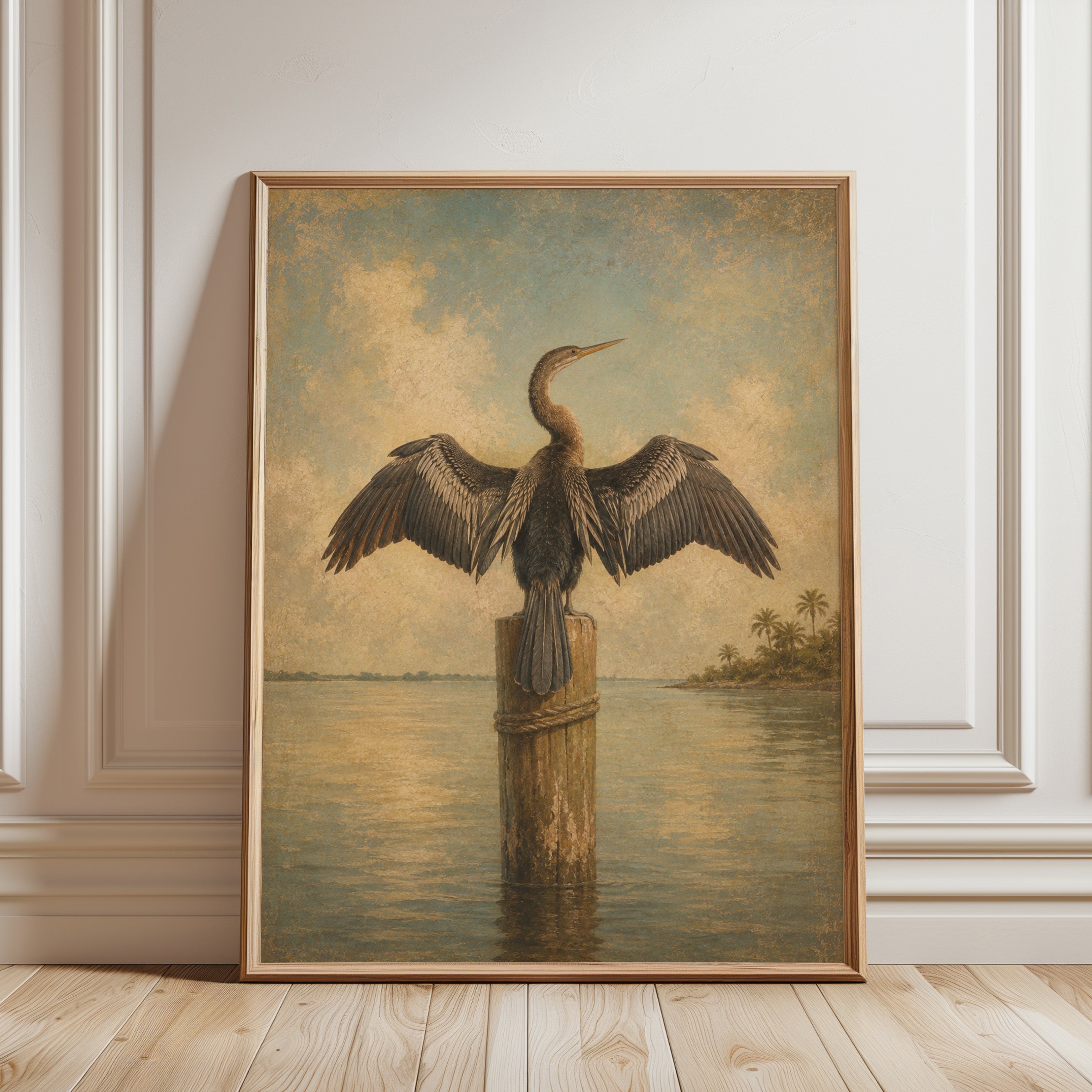 Vintage Bird Wall Art – Coastal Anhinga Print - framed detail