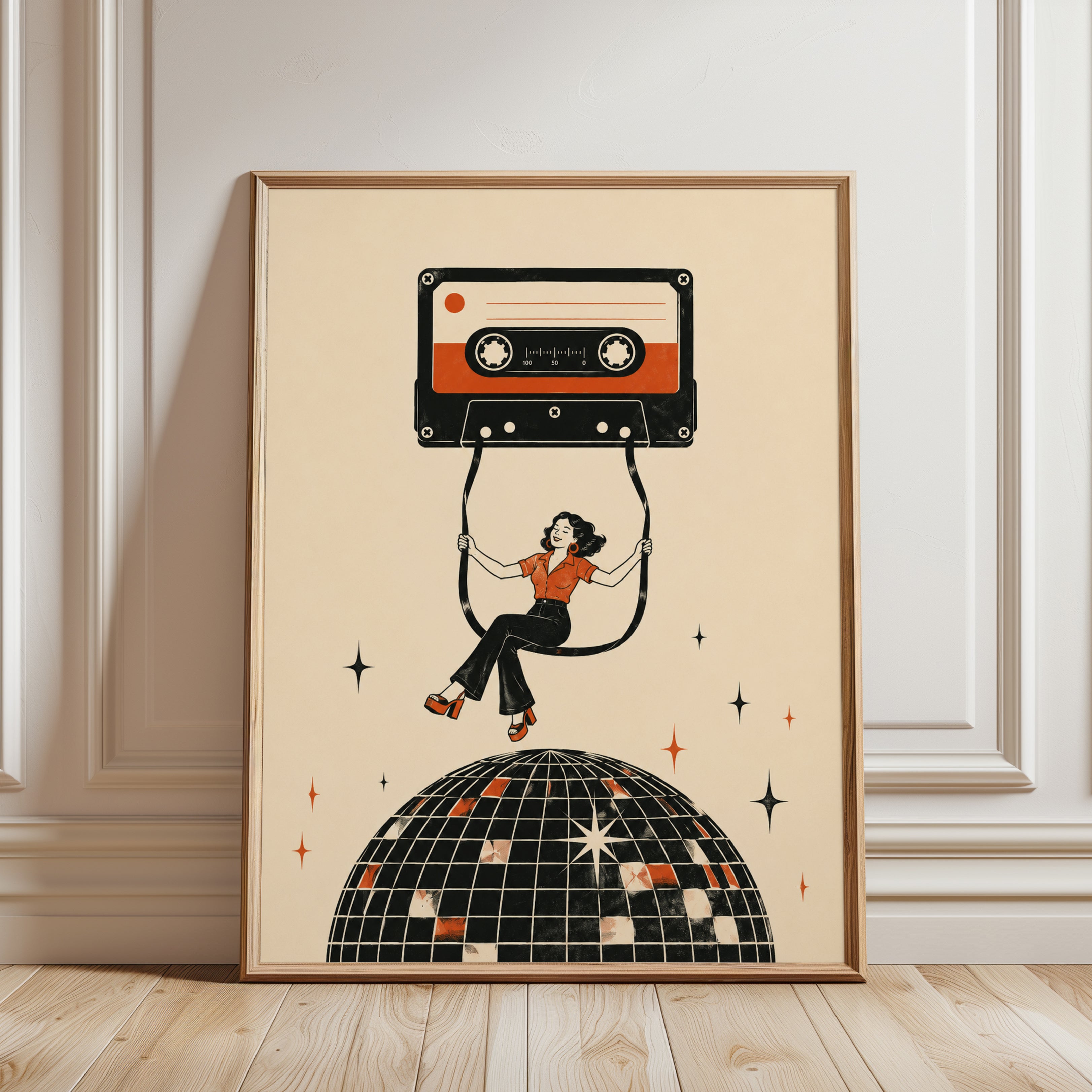Retro Cassette Tape Art Print – Disco Ball - framed detail