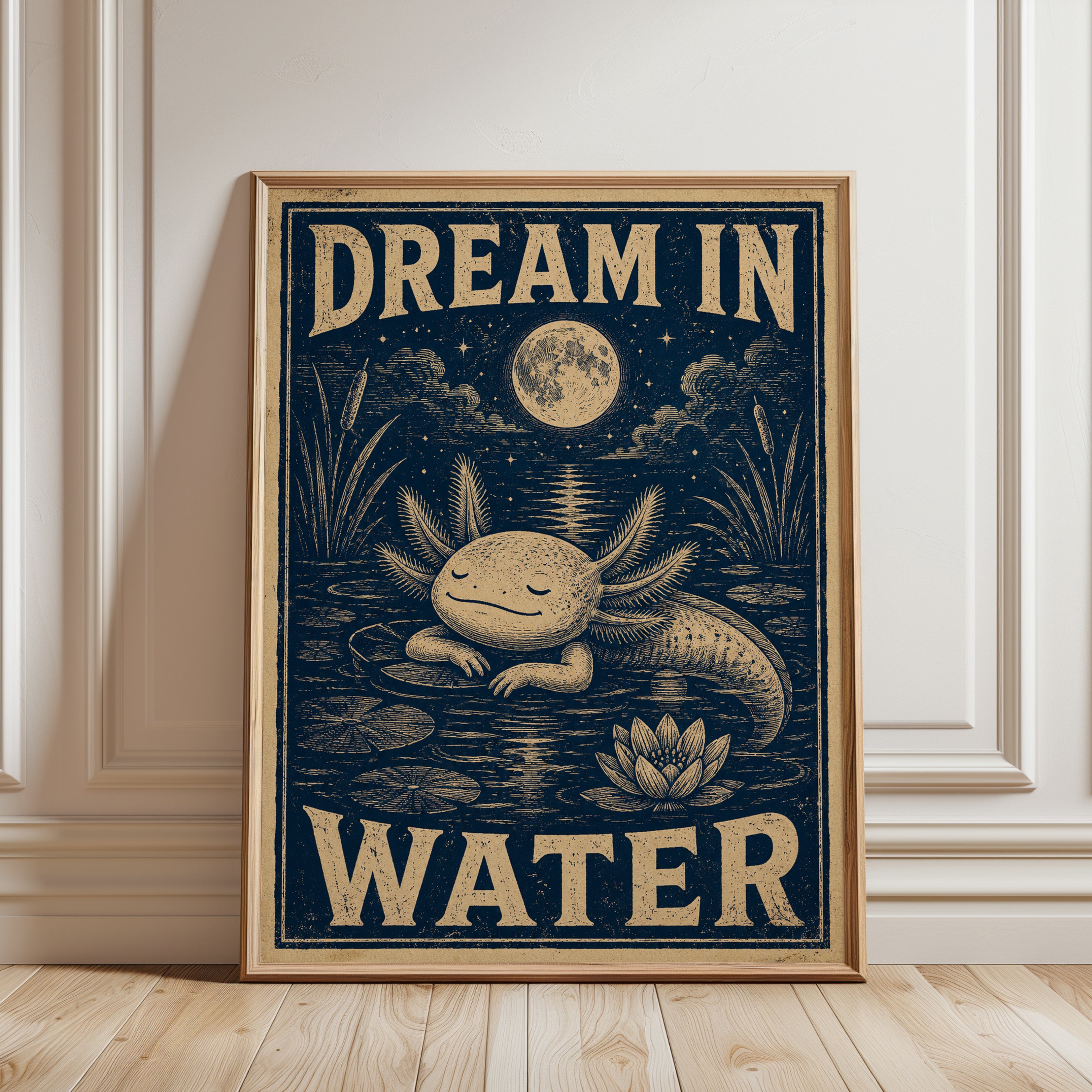 Dream in Water Axolotl Art Print: Vintage Blue Woodcut Style - framed detail