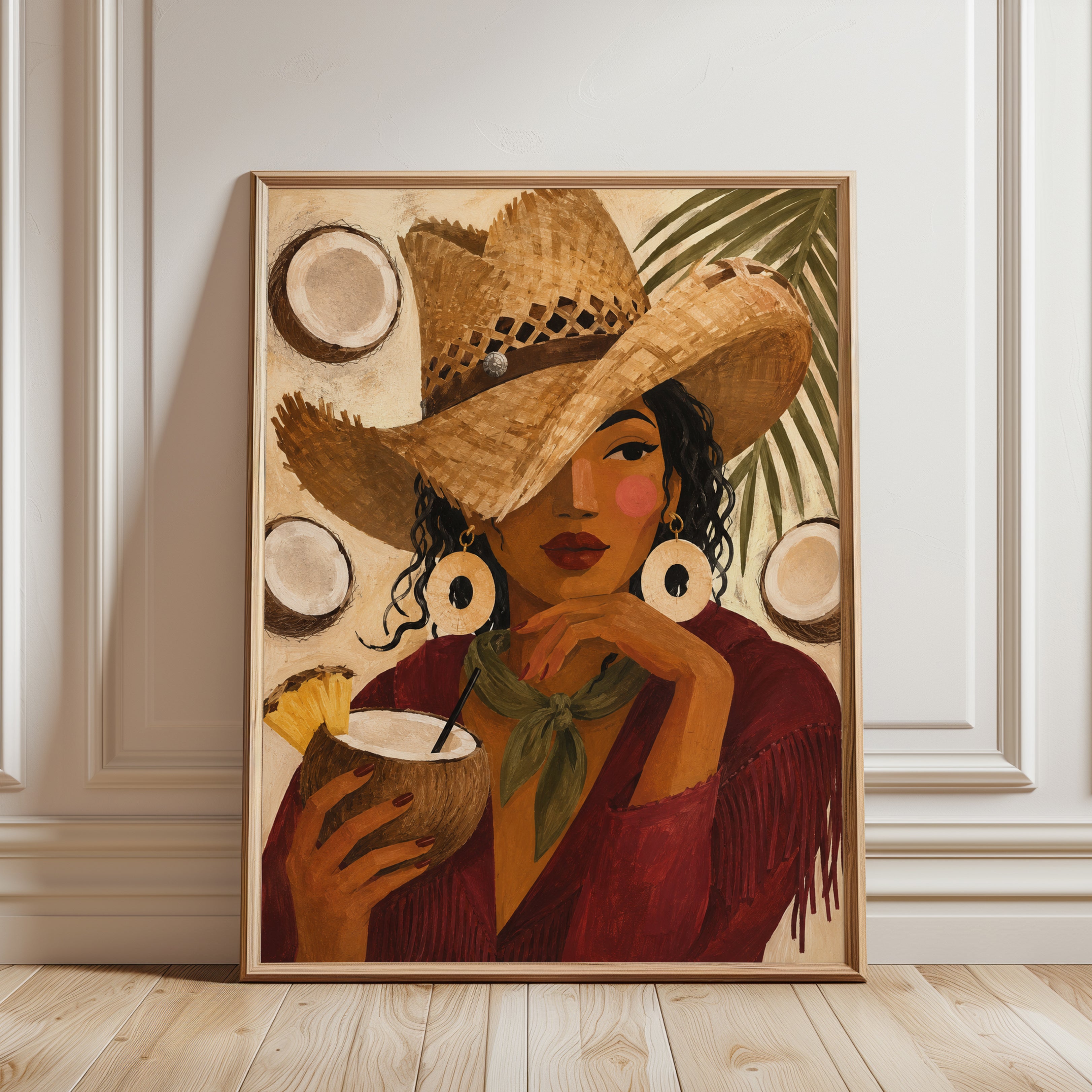 Tropical Woman With Straw Hat Art Print: Warm Boho Portrait - framed detail