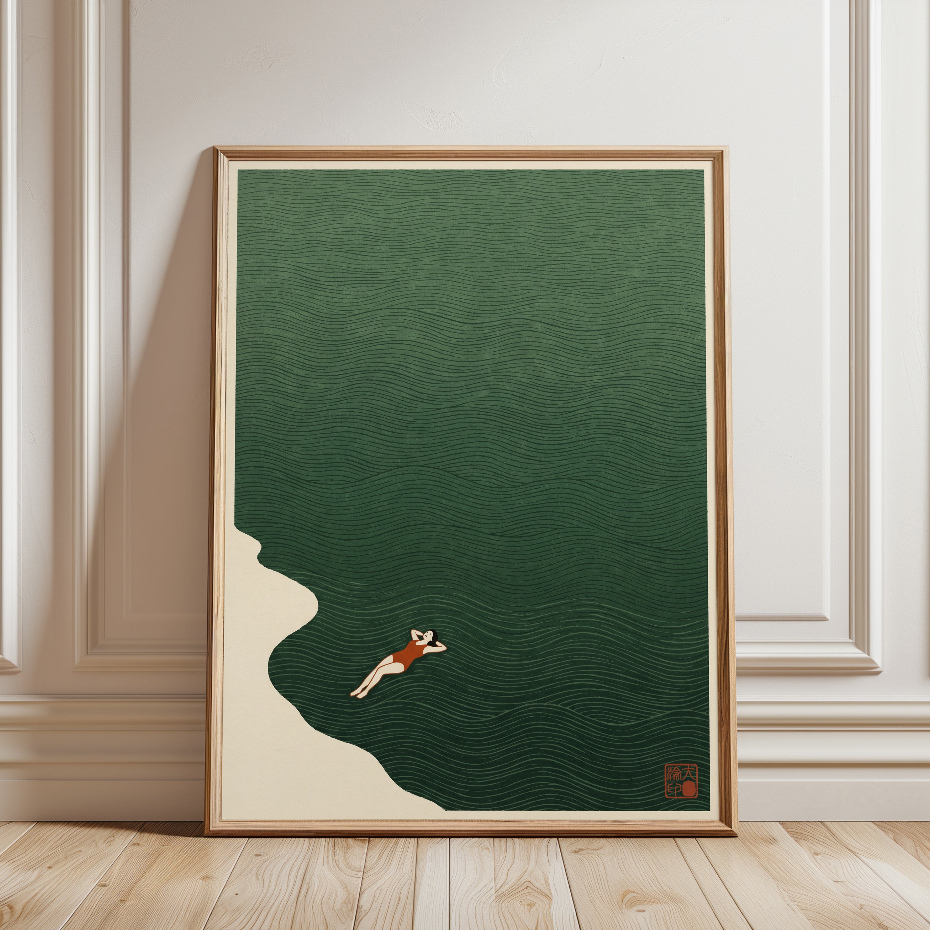 Vintage Swimmer Art Print: Minimalist Retro Pool Illustration - framed detail