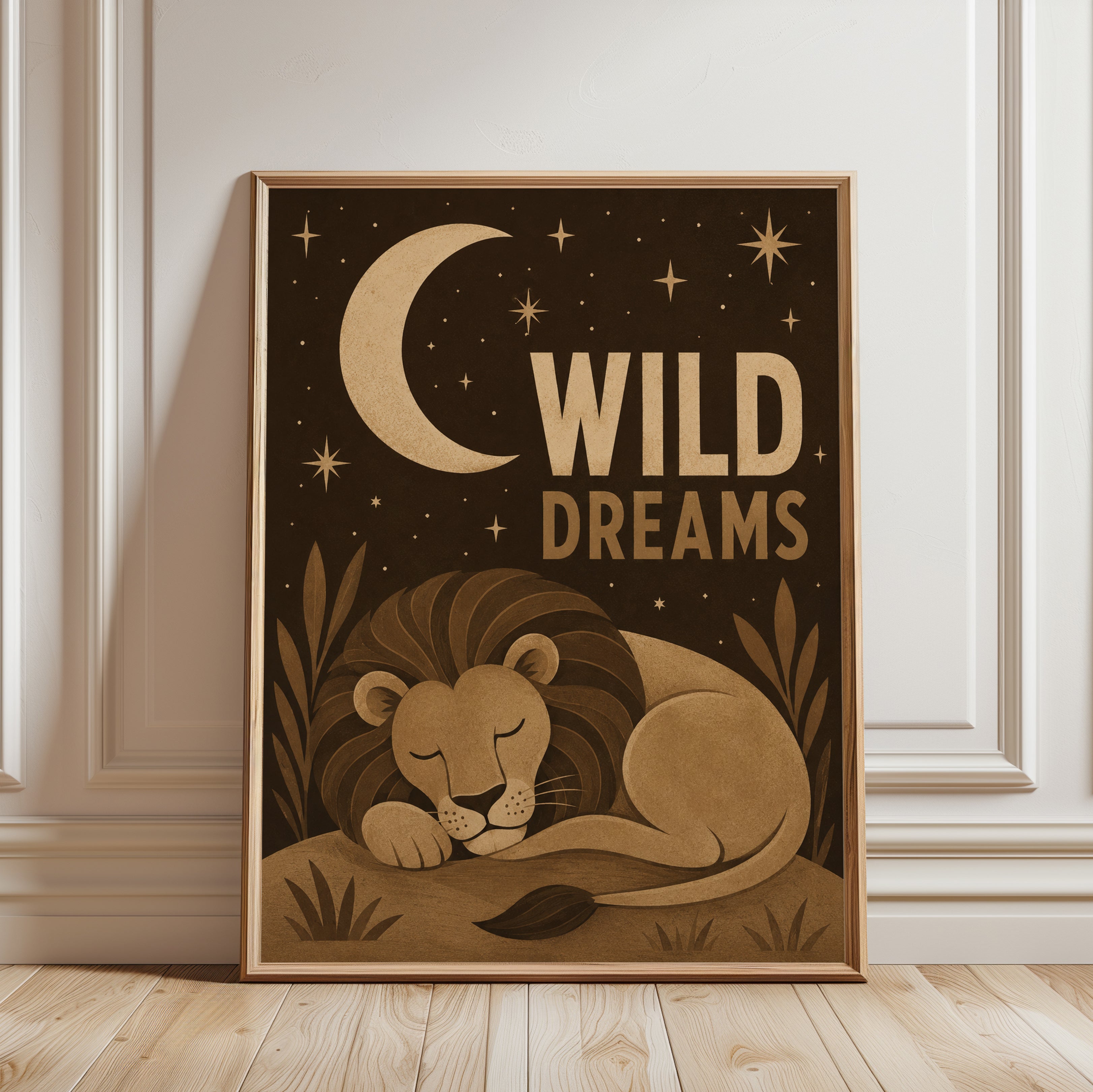 Wild Dreams Lion Art Print: Mid-Century Nursery Moon Poster - framed detail