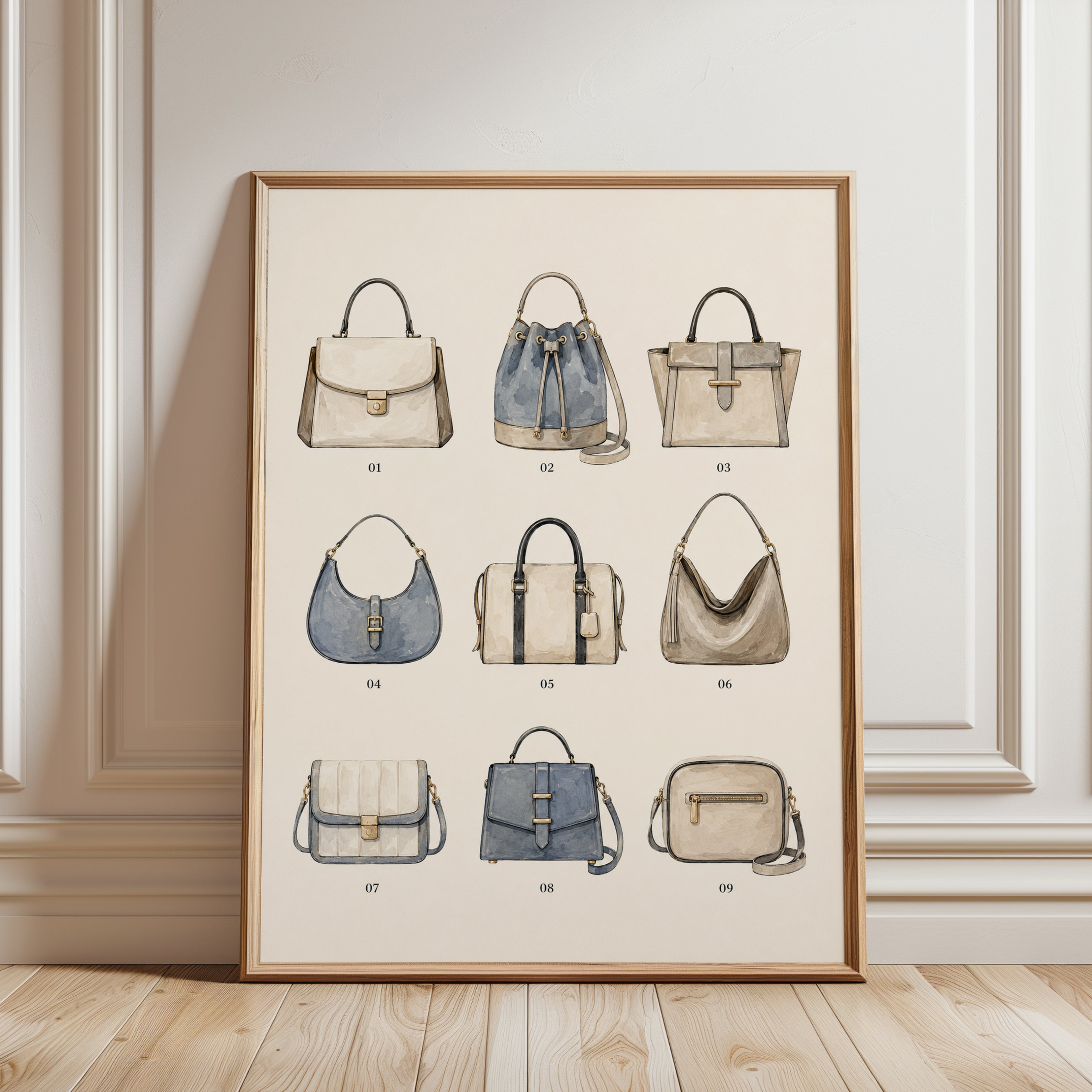 Designer Handbag Collection Poster: Watercolor Fashion Art - framed detail