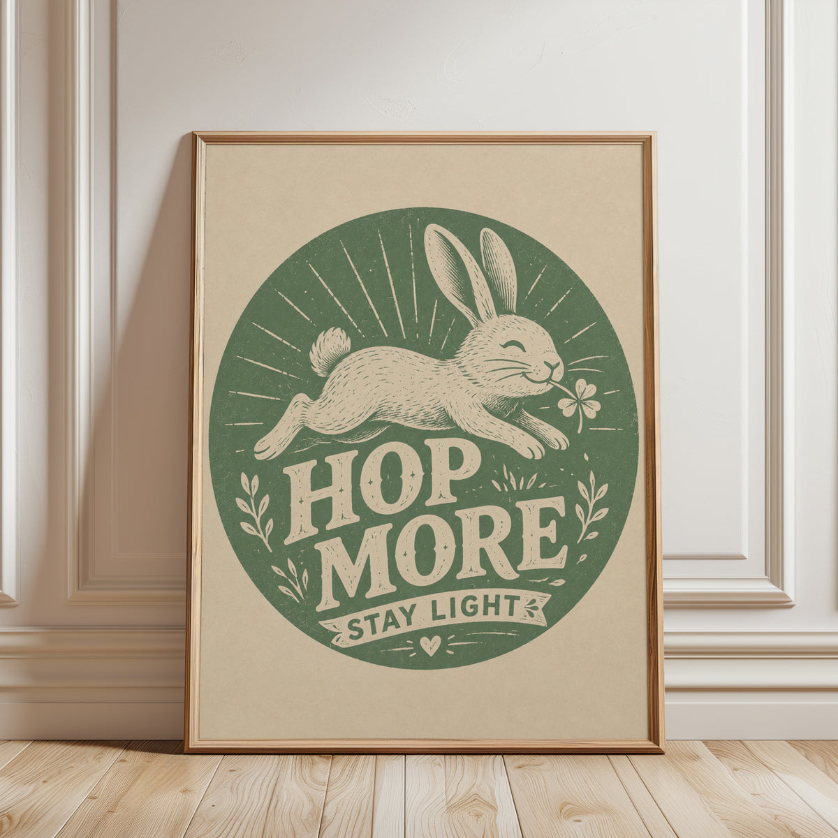 Hop More Stay Light Rabbit Print: Vintage Letterpress Poster - framed detail