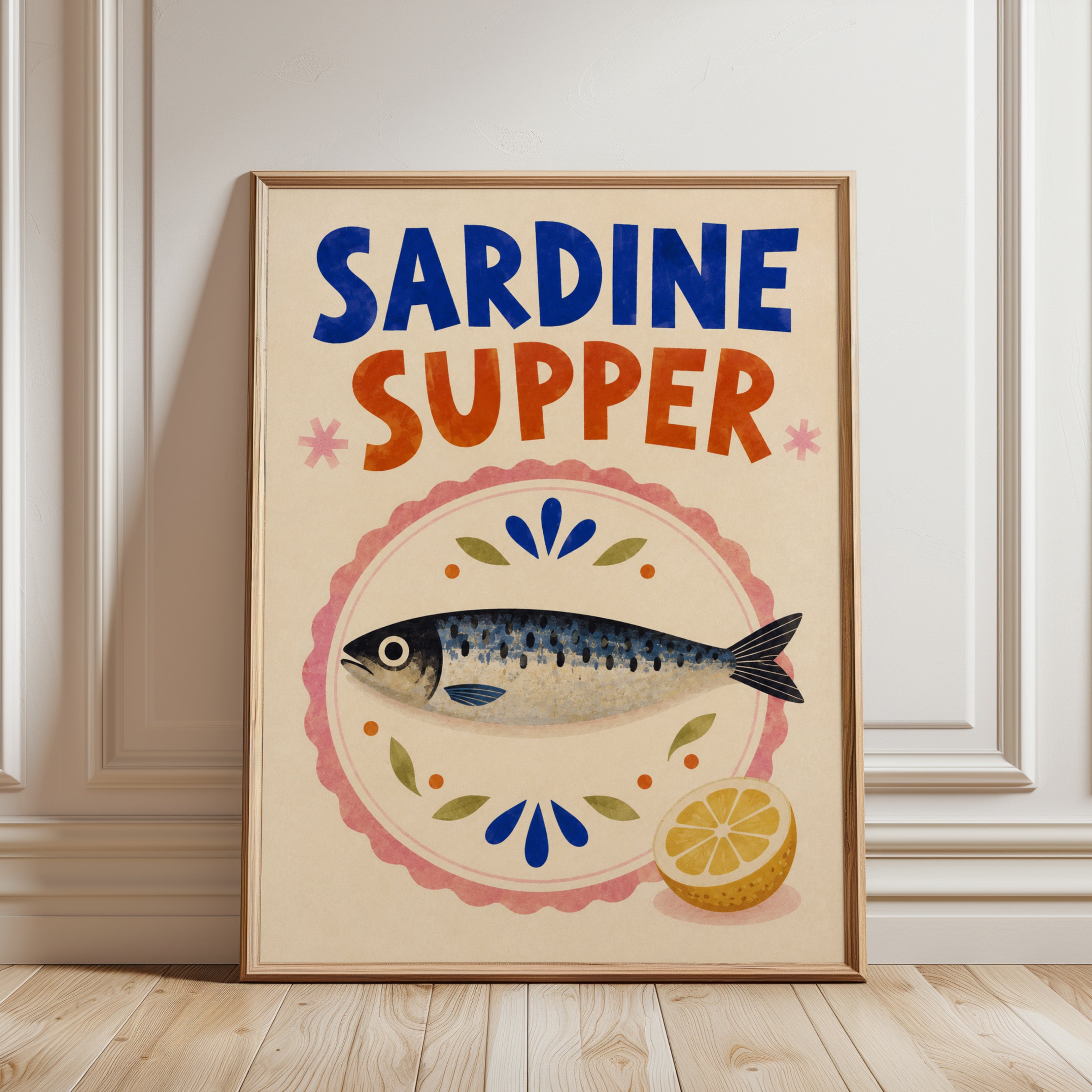 Kitchen Wall Art – Sardine Supper Print - framed detail