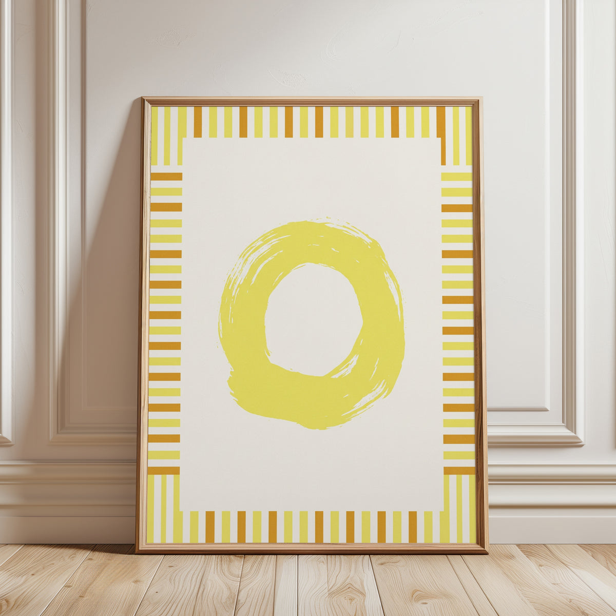 Abstract Yellow Circle Print: Minimalist Brushstroke Wall Art - framed detail