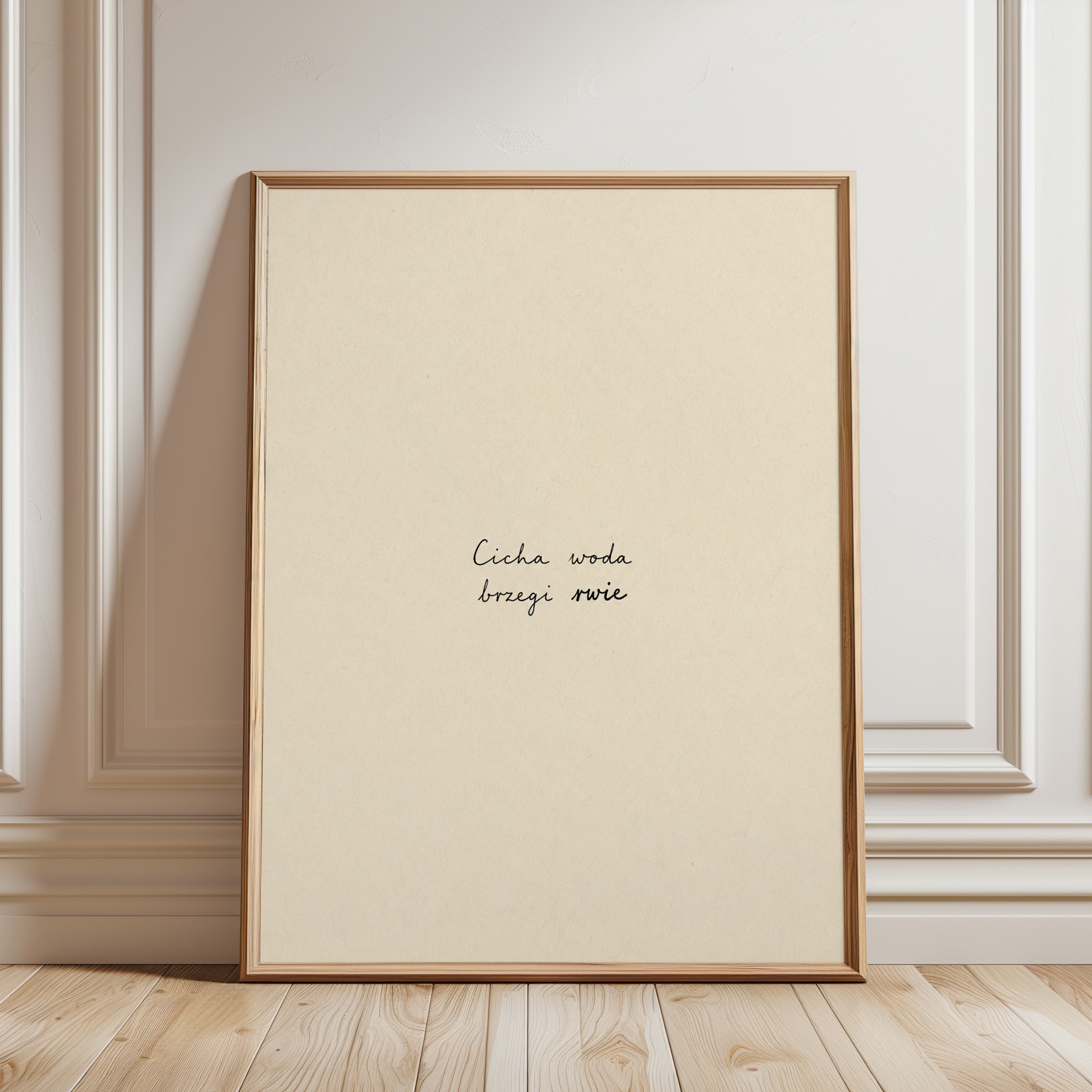 Polish Typography Art Print: Minimalist Beige Proverb Design - framed detail