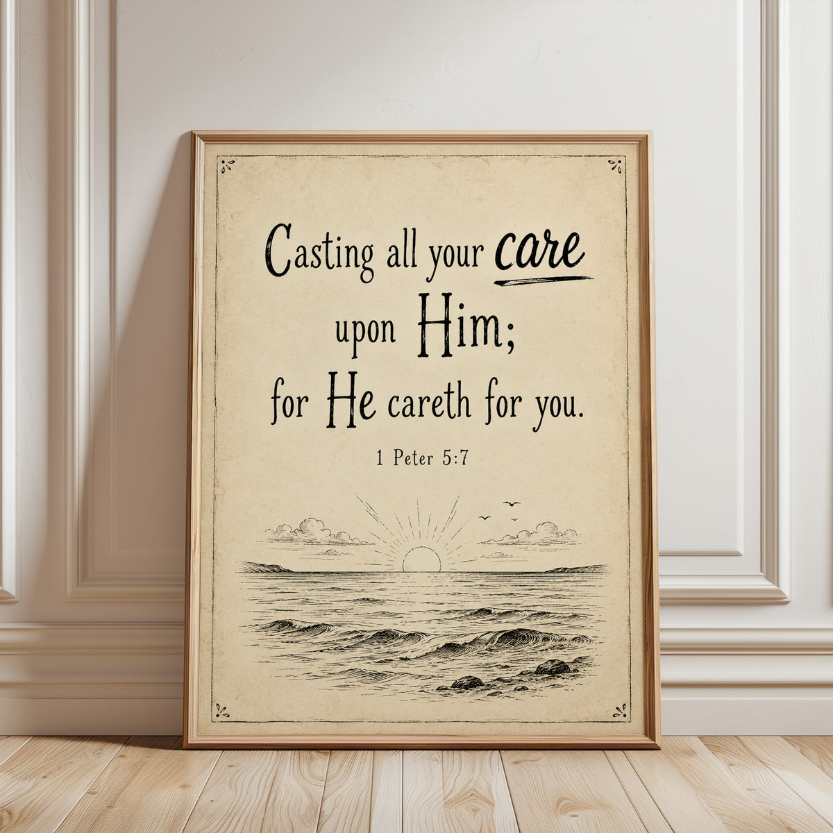 Bible Verse Ocean Sunrise Print: Vintage Inspirational Wall Art - framed detail