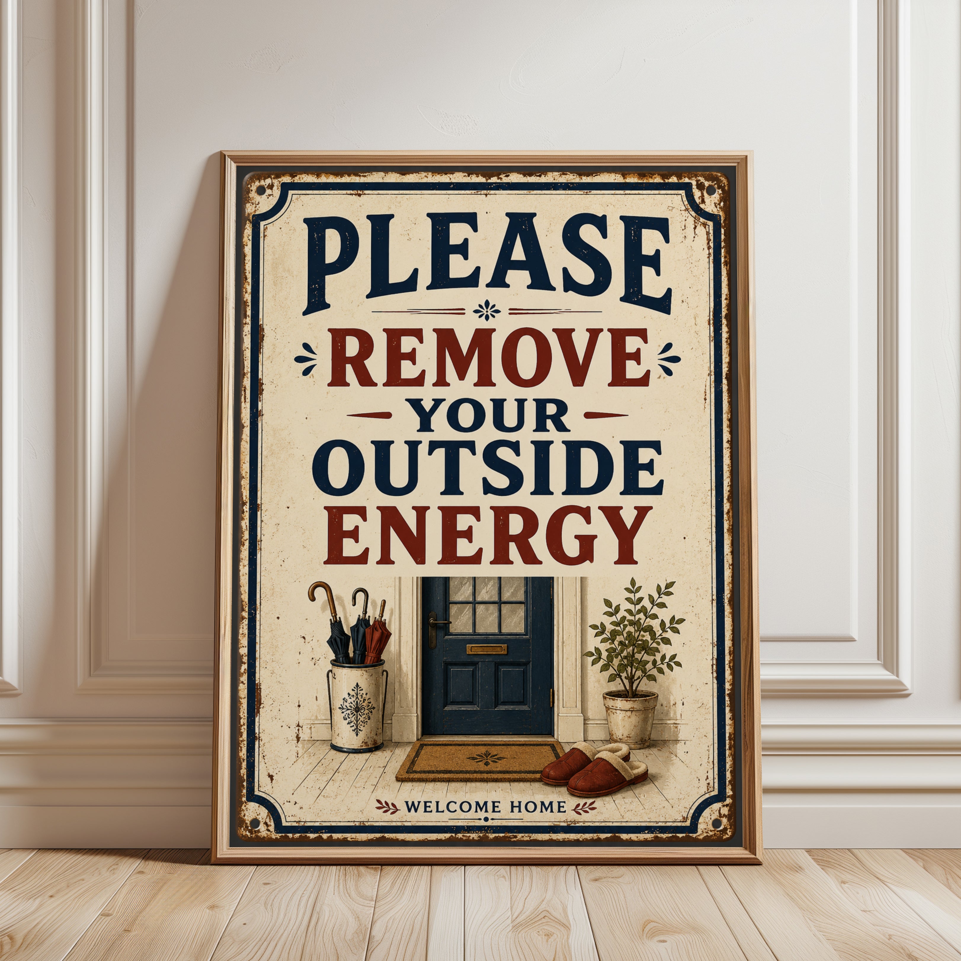 Remove Your Outside Energy Sign: Vintage Entryway Wall Art - framed detail