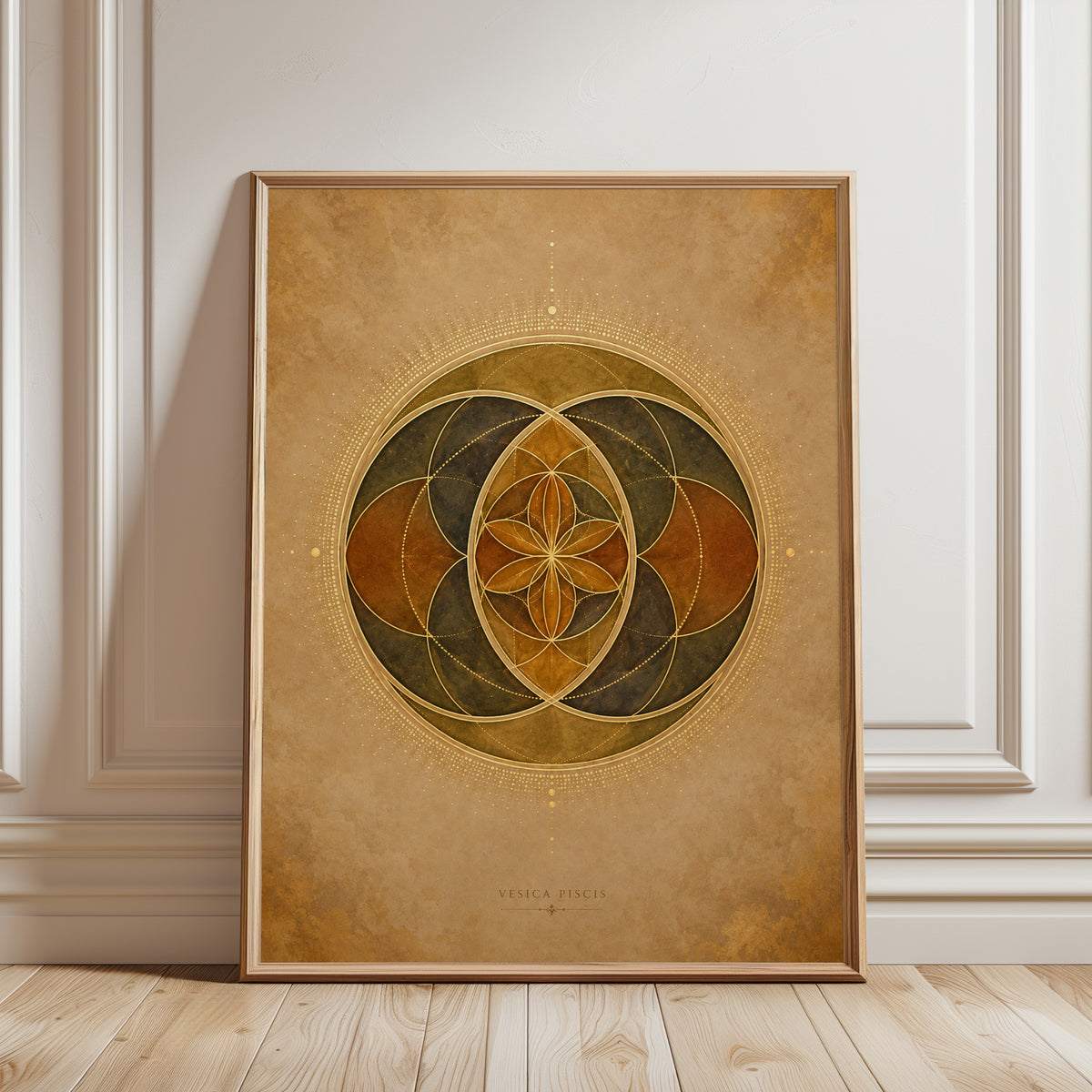 Vesica Piscis Sacred Geometry Art Print: Gold Brown Mandala - framed detail