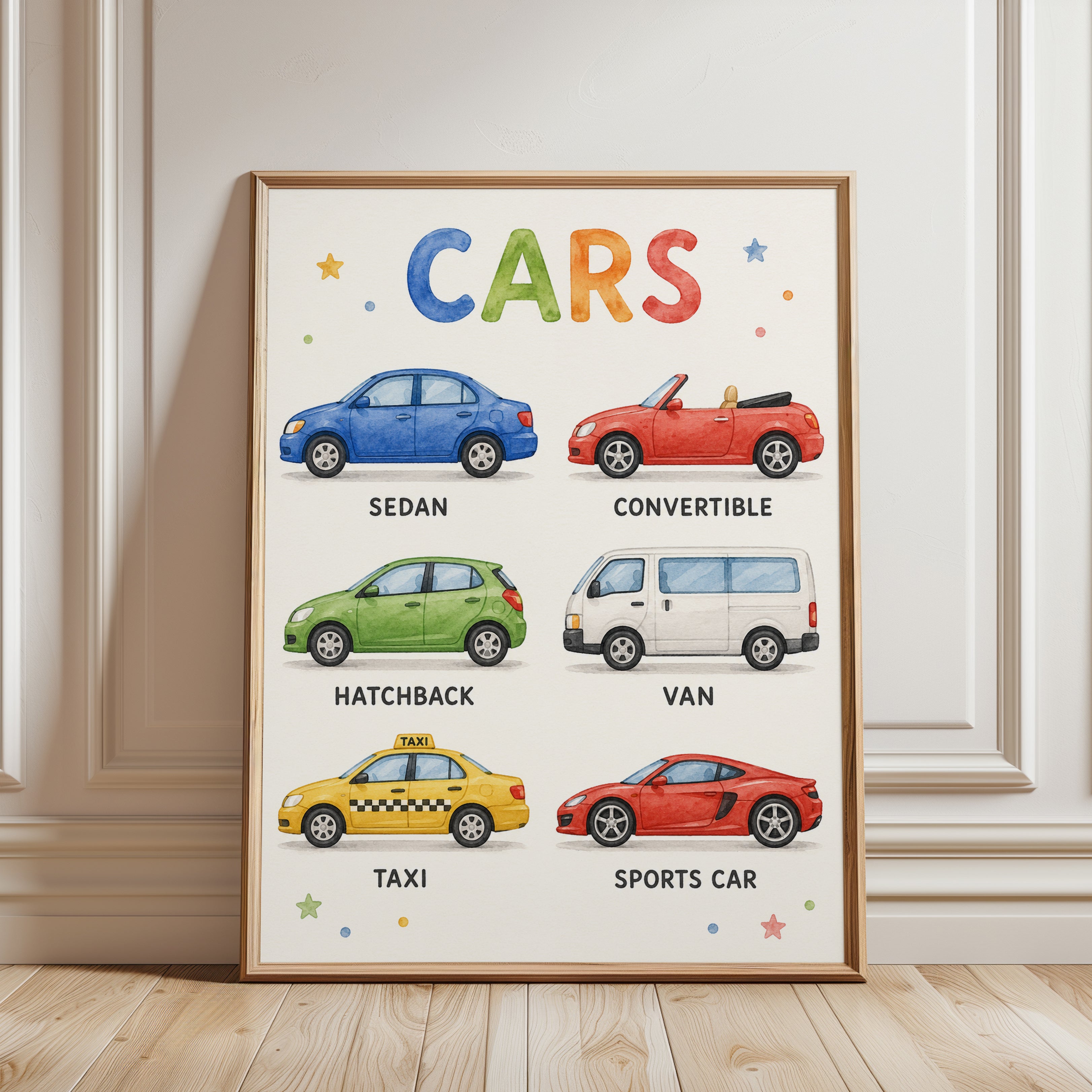 Watercolor Vehicle Chart Poster - framed detail