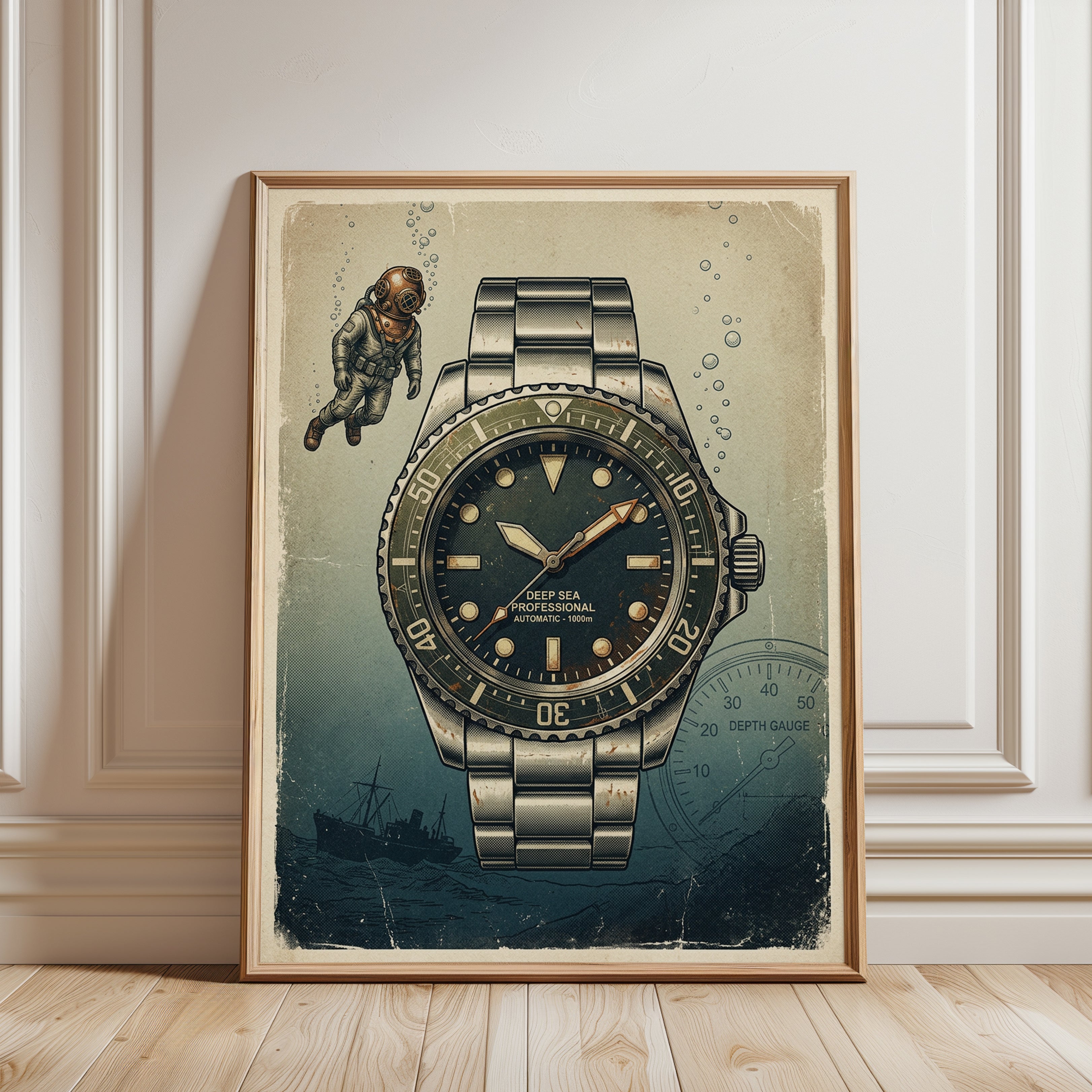 Vintage Dive Watch Poster: Deep Sea Diver Retro Illustration - framed detail