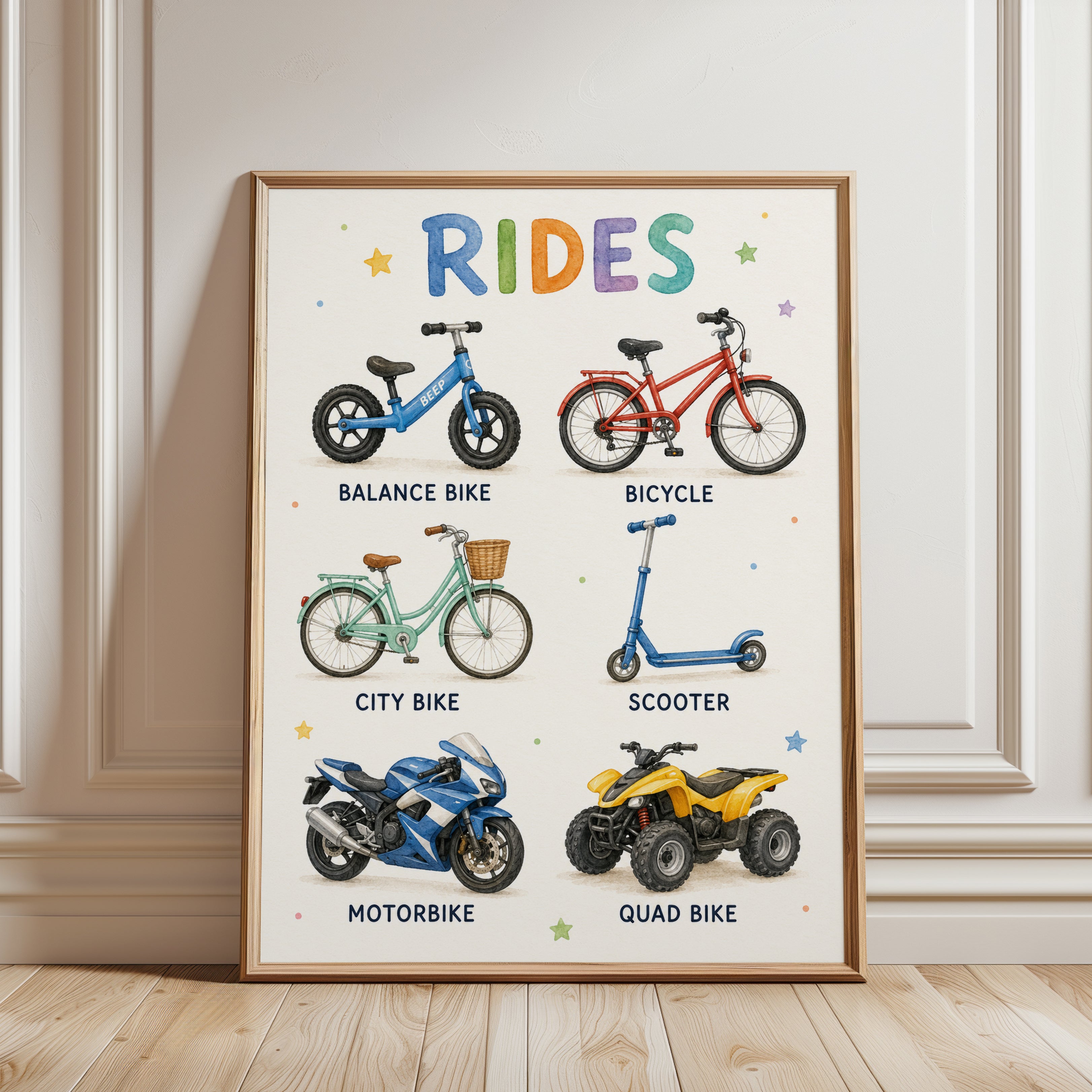 Types of Rides Print: Balance Bike – Scooter - framed detail