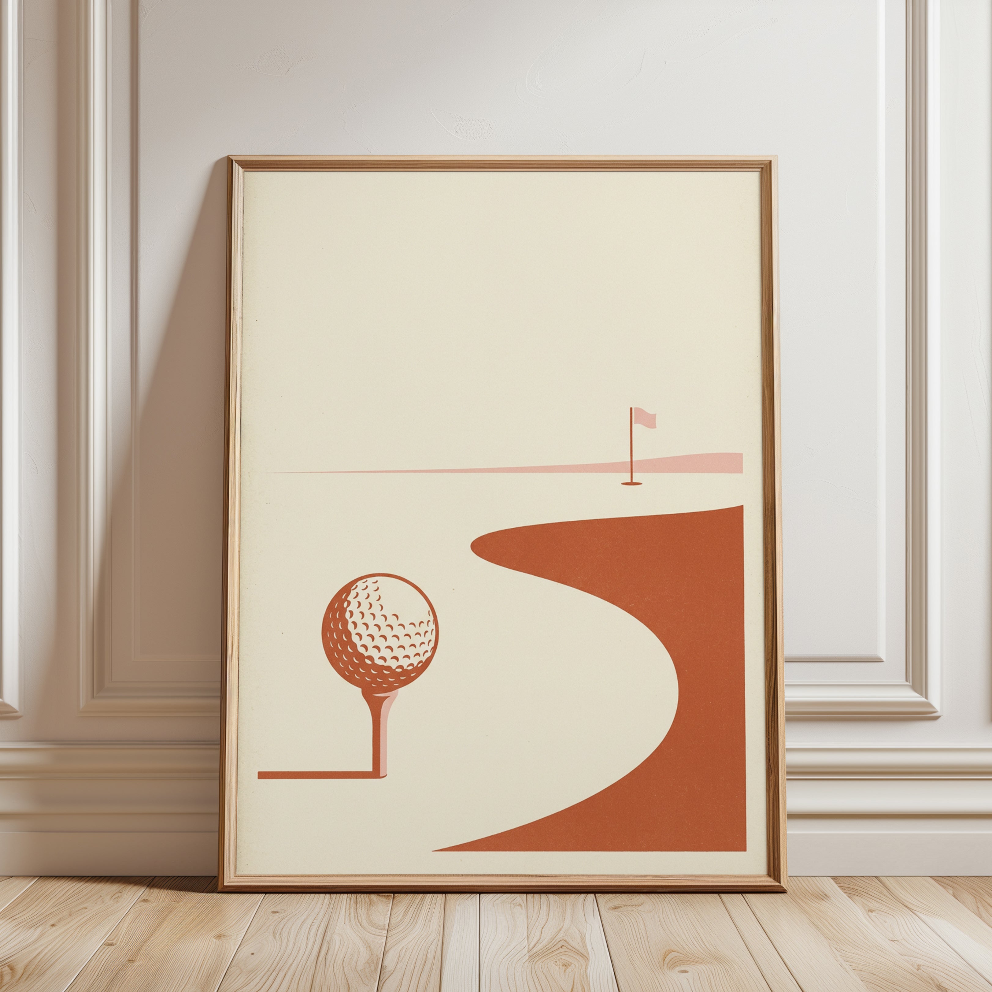 Golf Course Wall Art: Mid-Century Modern Orange Sports Poster - framed detail