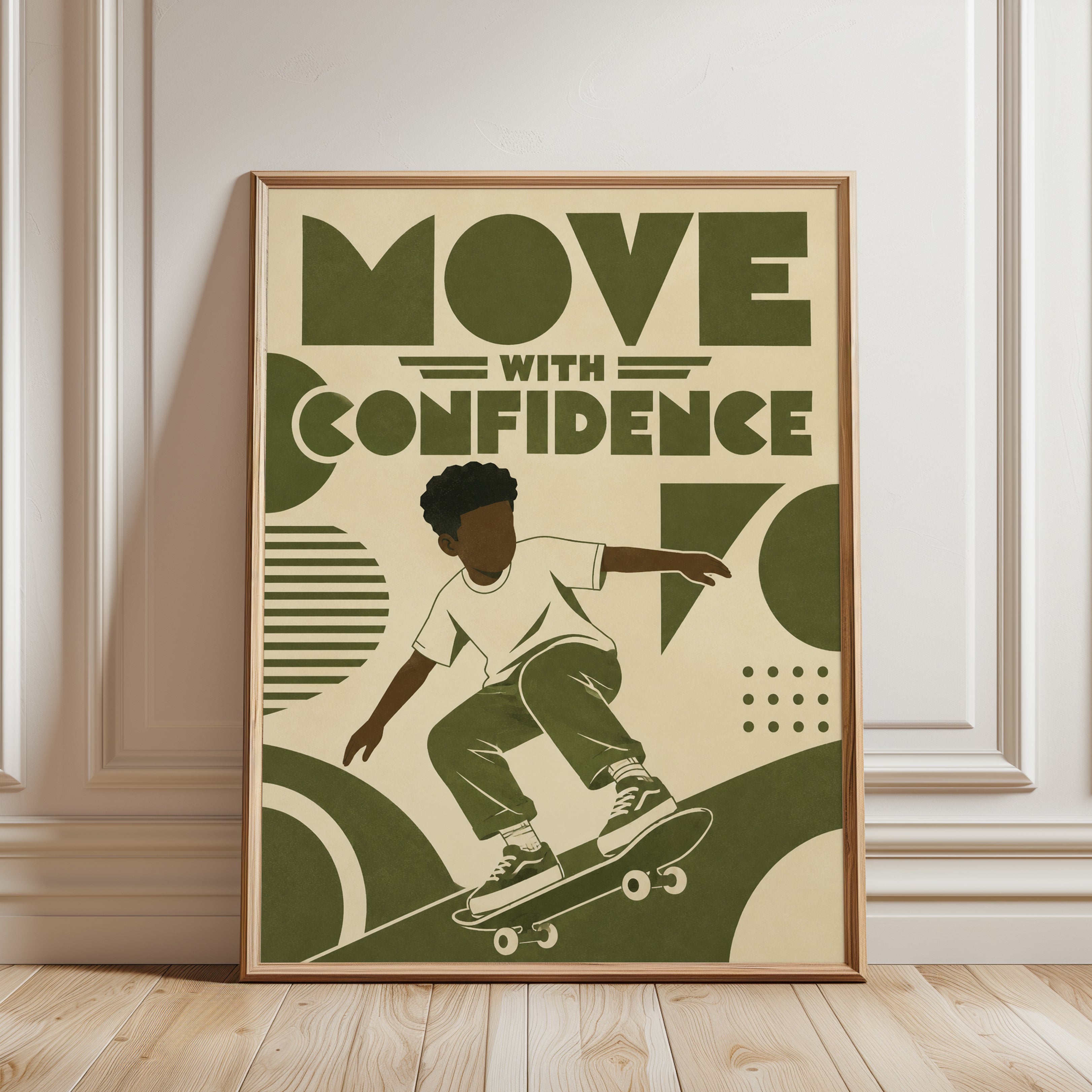 Move With Confidence Poster: Retro Skateboarder Art Deco Design - framed detail