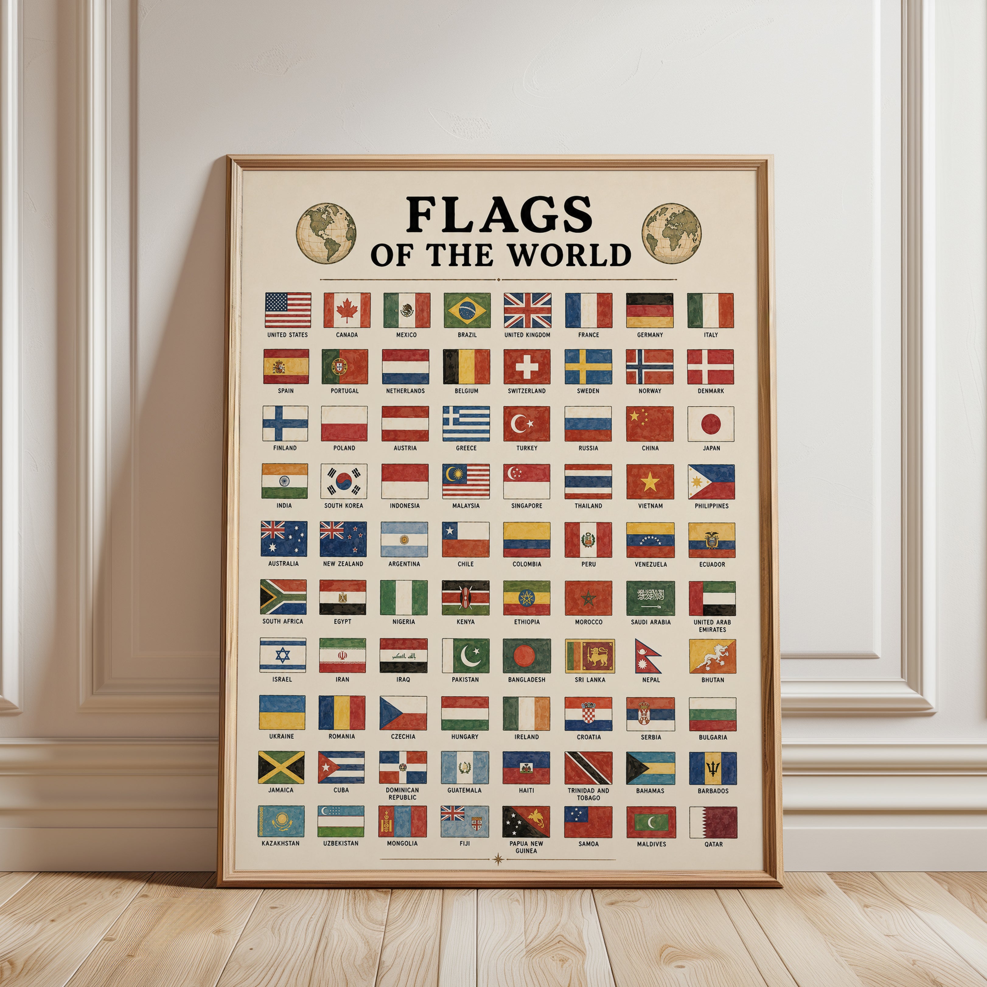 Flags of the World Chart: Vintage Educational Wall Art - framed detail