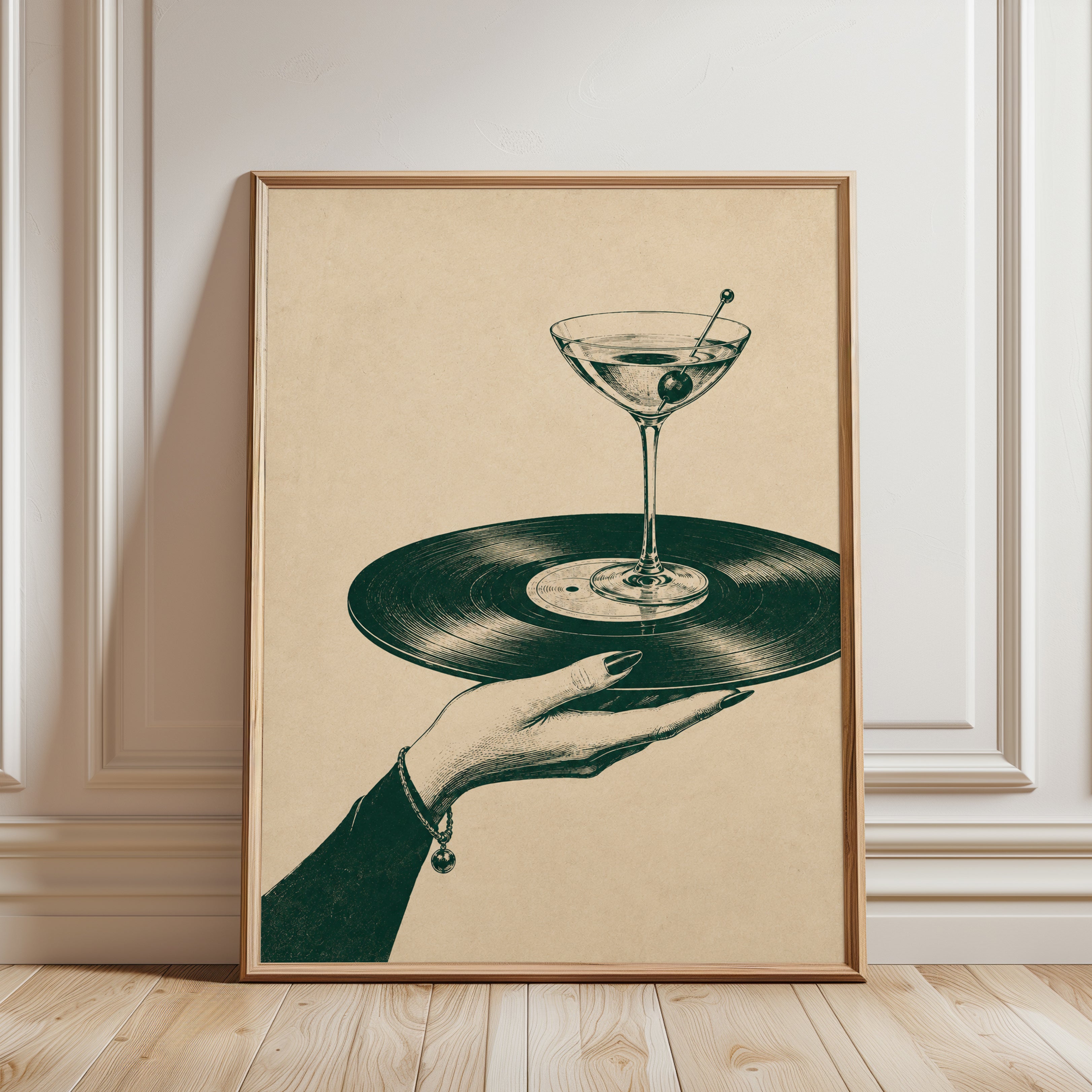 Martini Vinyl Record Art Print: Vintage Surrealist Cocktail Design - framed detail