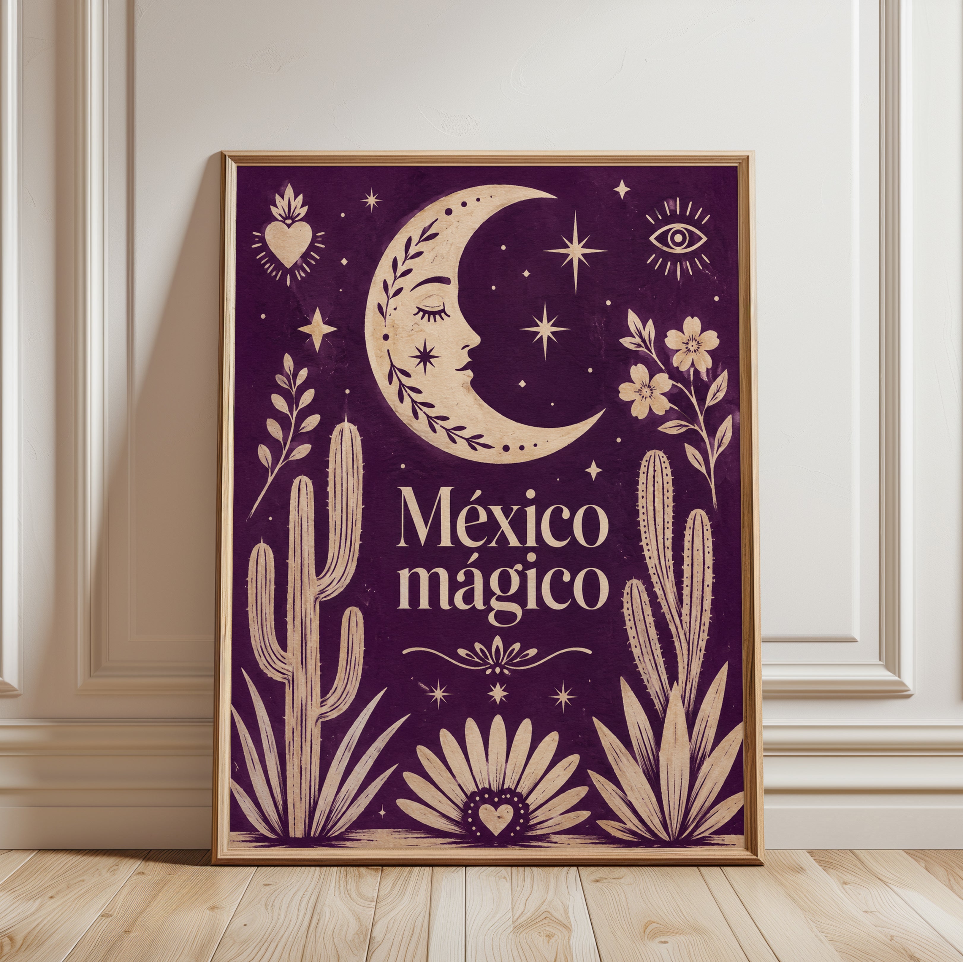 México Mágico Moon Art Print: Purple Folk Art Desert Poster - framed detail