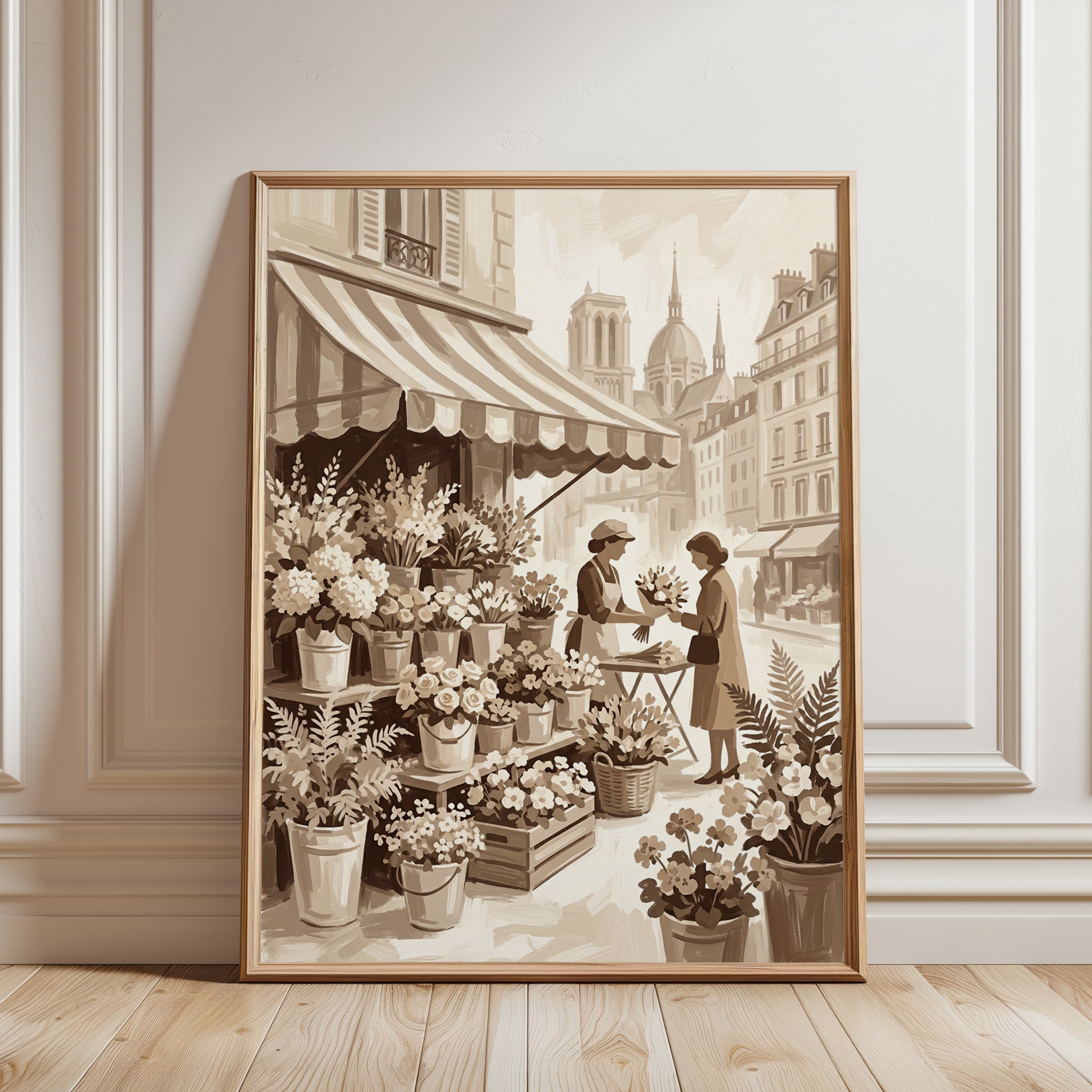 Vintage Paris Flower Market Print — Sepia Parisian Street Scene - framed detail