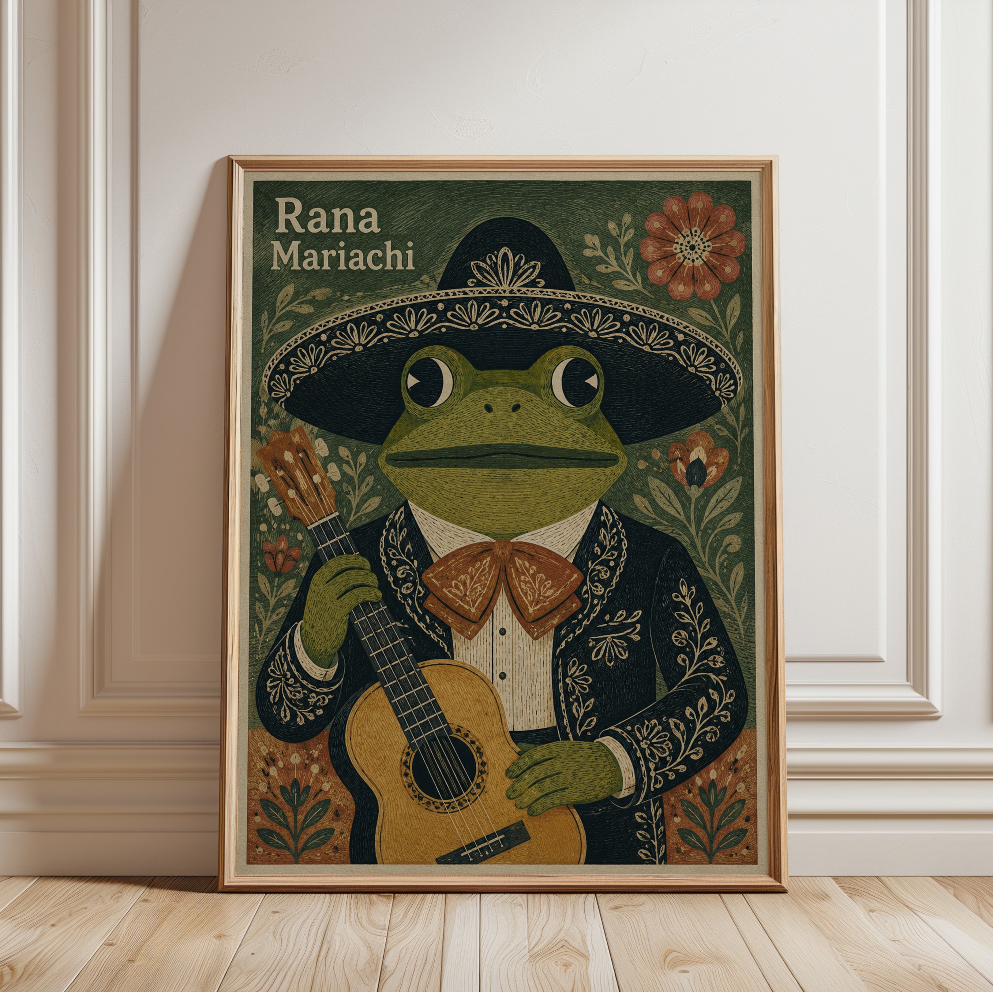 Frog Art Print – Folk Art Animal Poster - framed detail