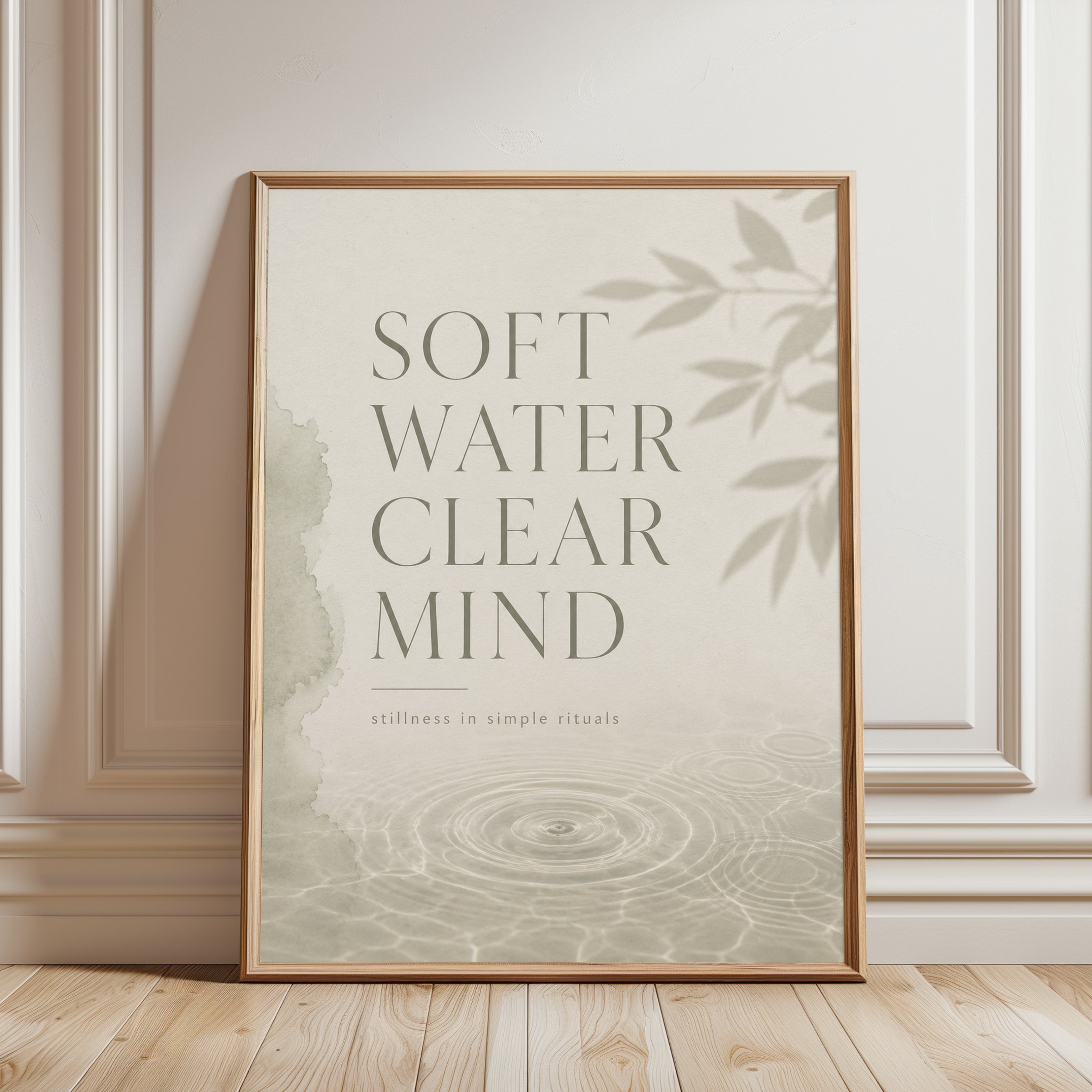 Soft Water Clear Mind Typography Print: Zen Minimalist Wall Art - framed detail