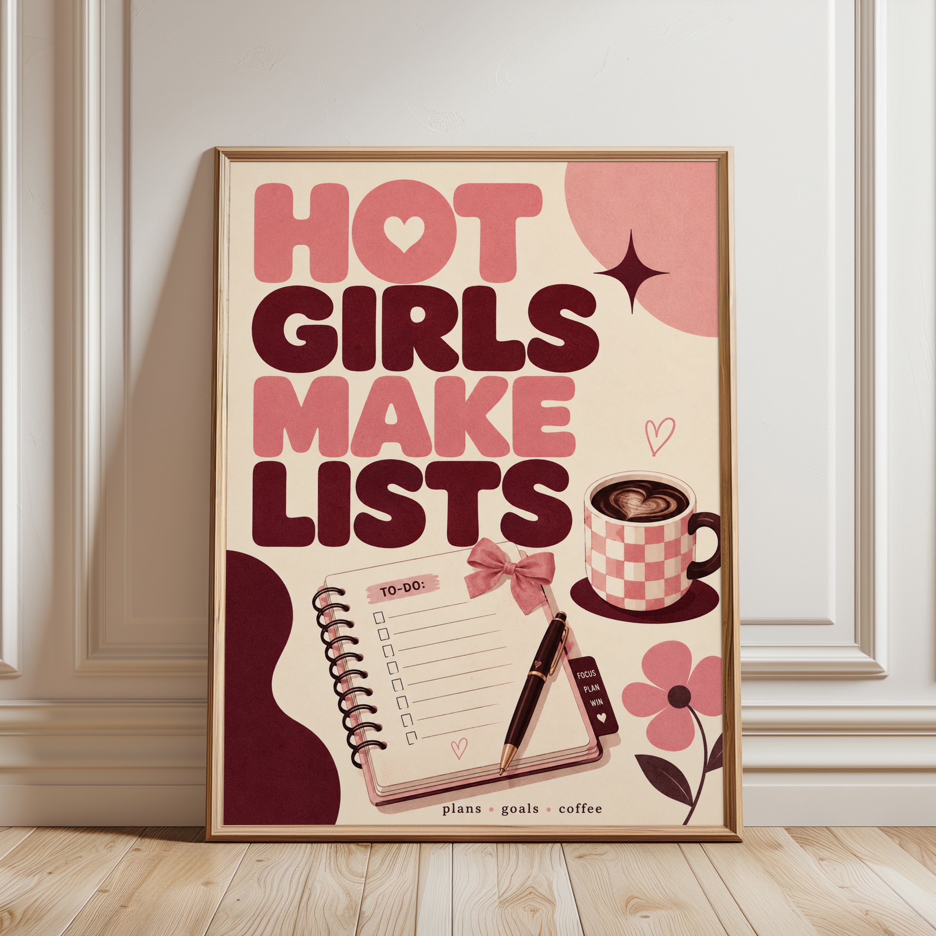 Hot Girls Make Lists Print: Retro Typography - framed detail