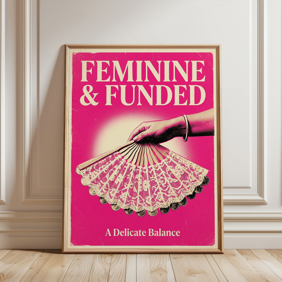 Feminine and Funded Poster: Retro Pink Pop Art Money Design - framed detail