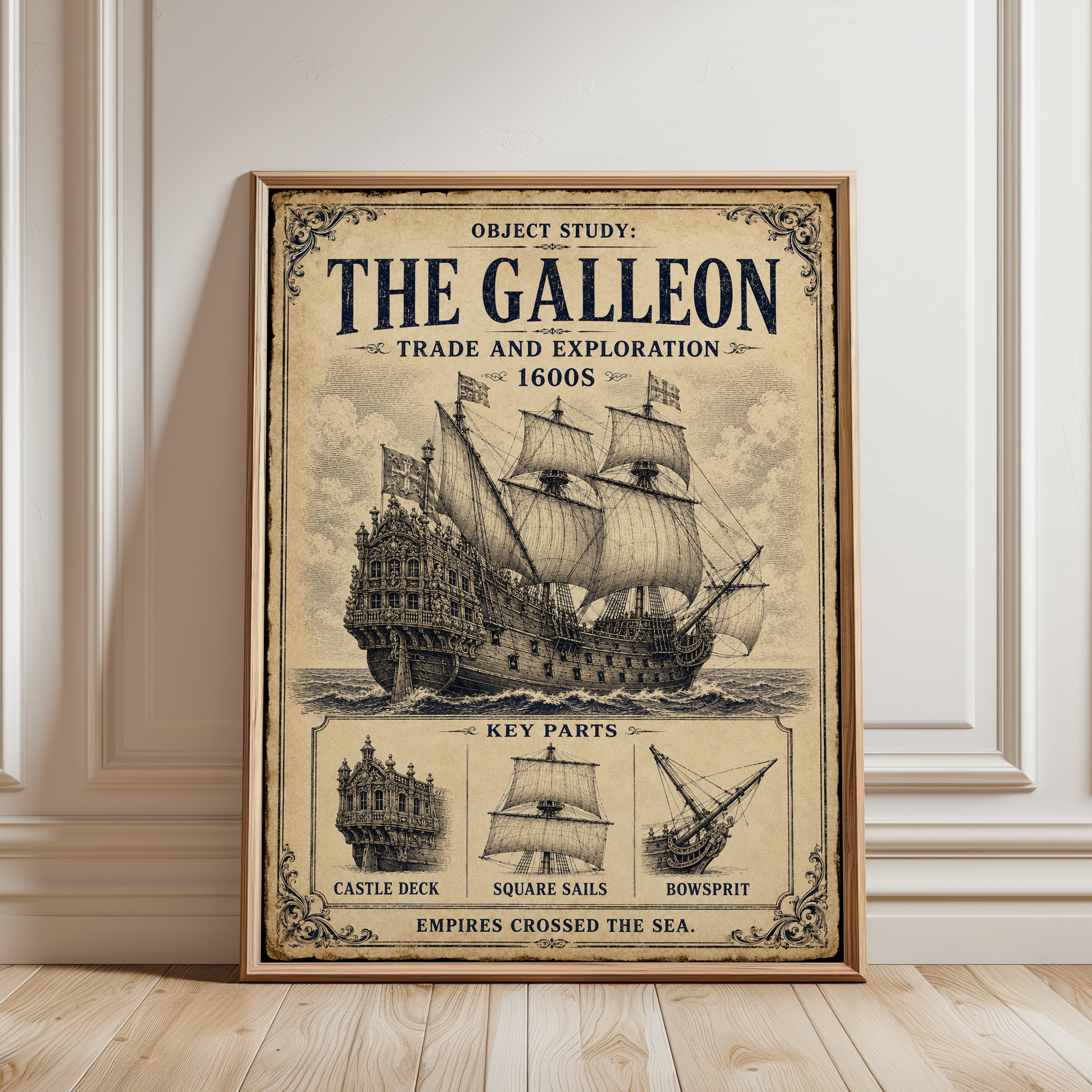 Galleon Ship Print — Vintage 1600s Maritime Exploration Art - framed detail
