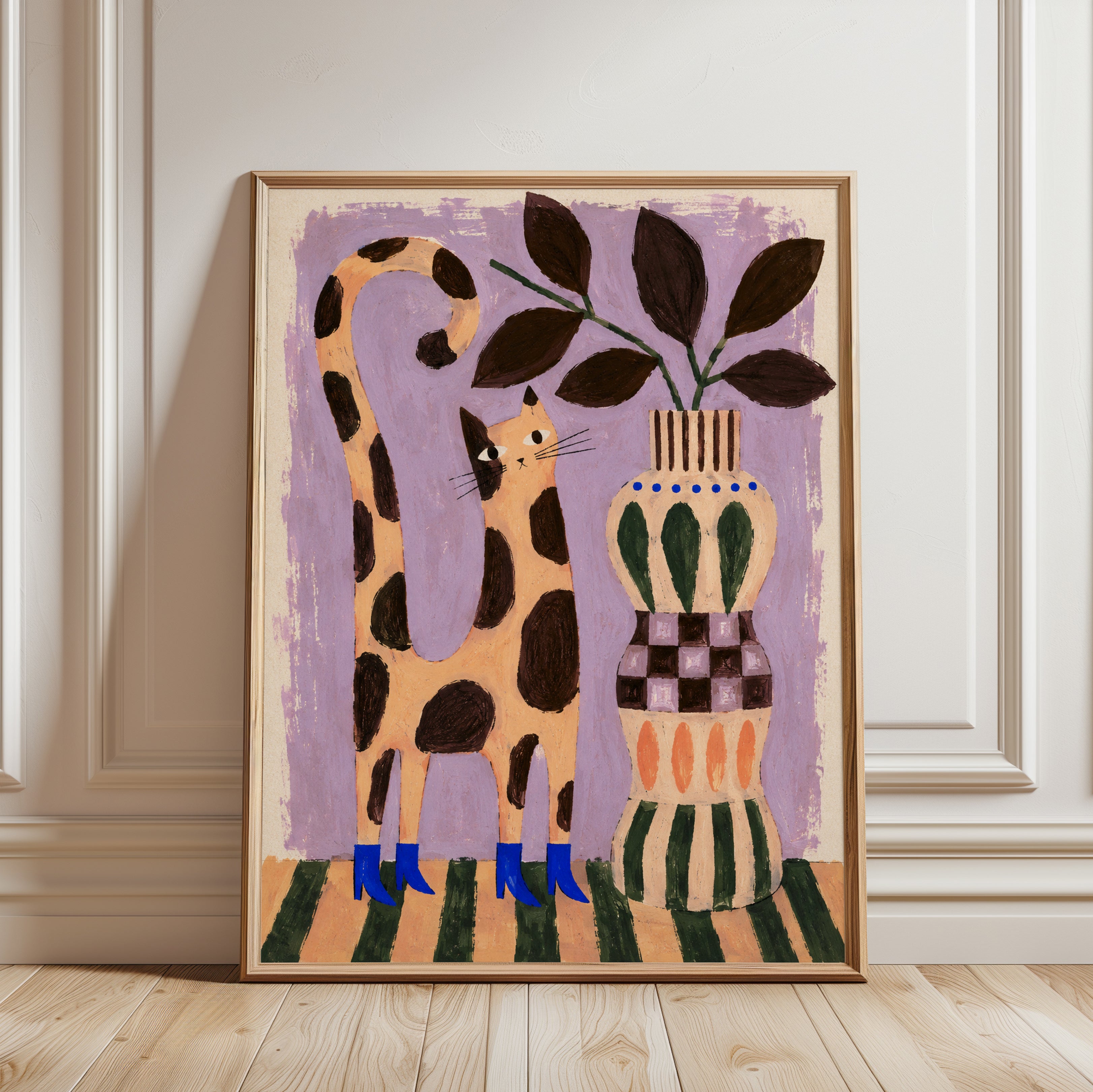 Folk Art Cat Print – Spotted Orange Cat - framed detail
