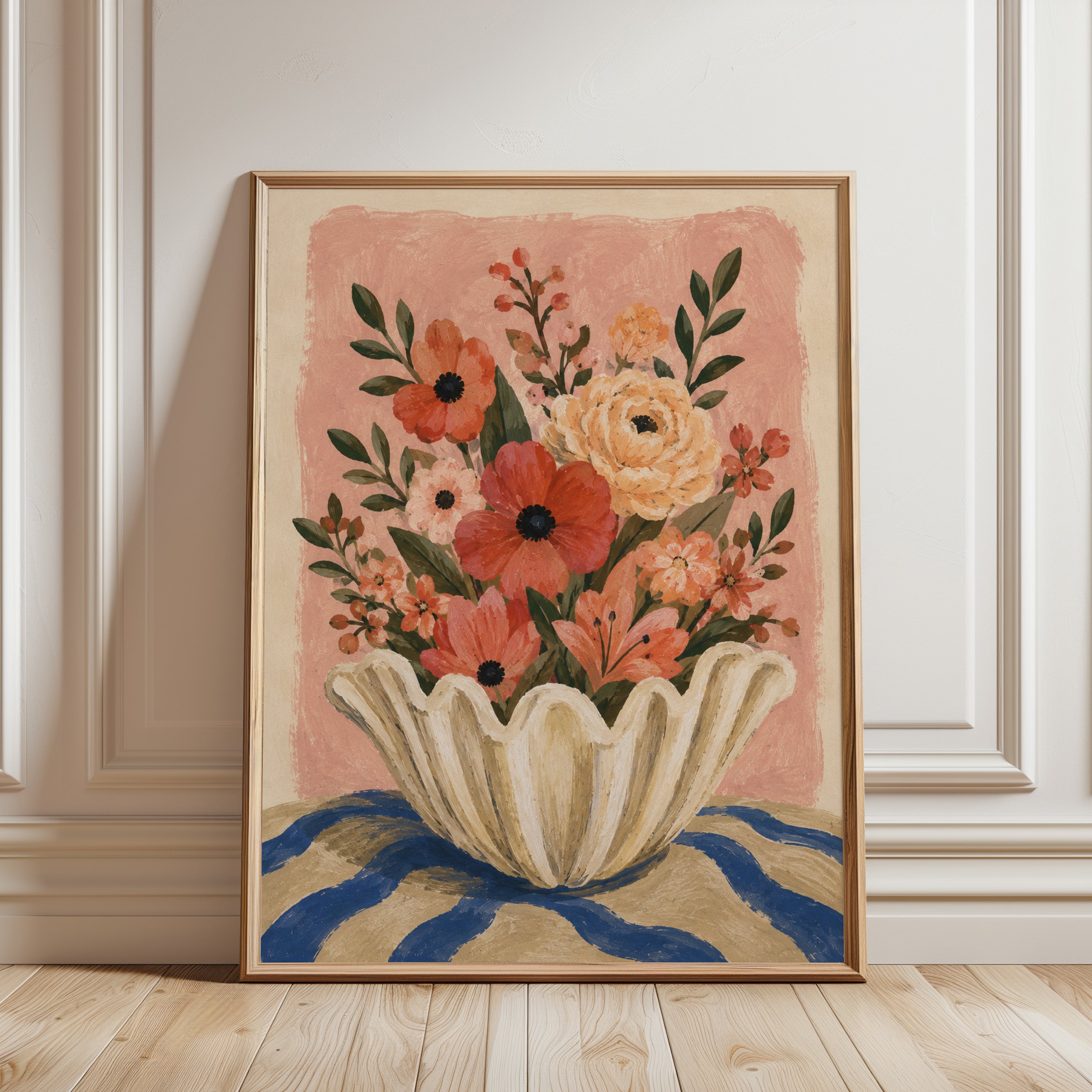 Floral Vase Wall Art – Folk Art Botanical Print - framed detail