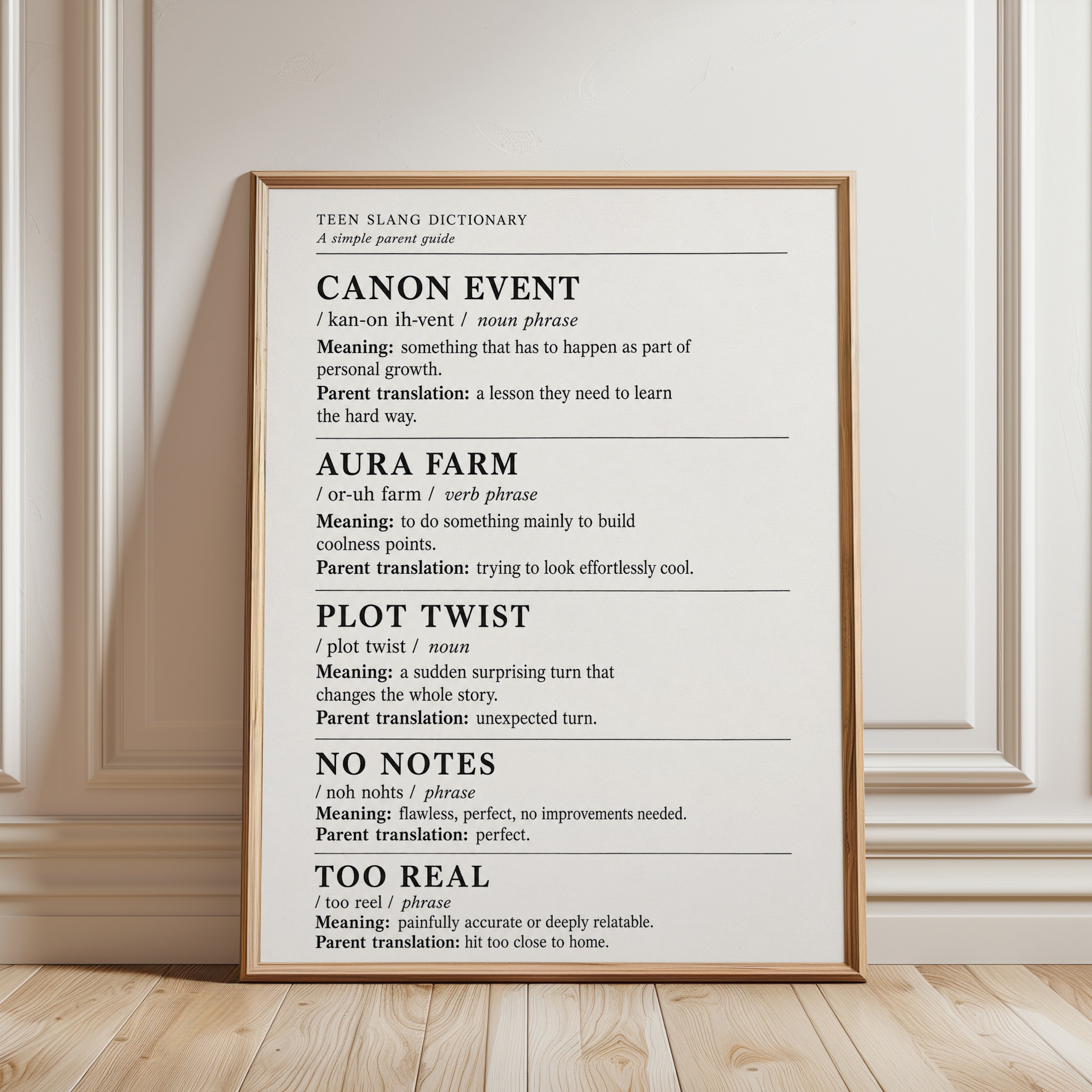 Teen Slang Dictionary Print: Minimalist Typographic Wall Art - framed detail