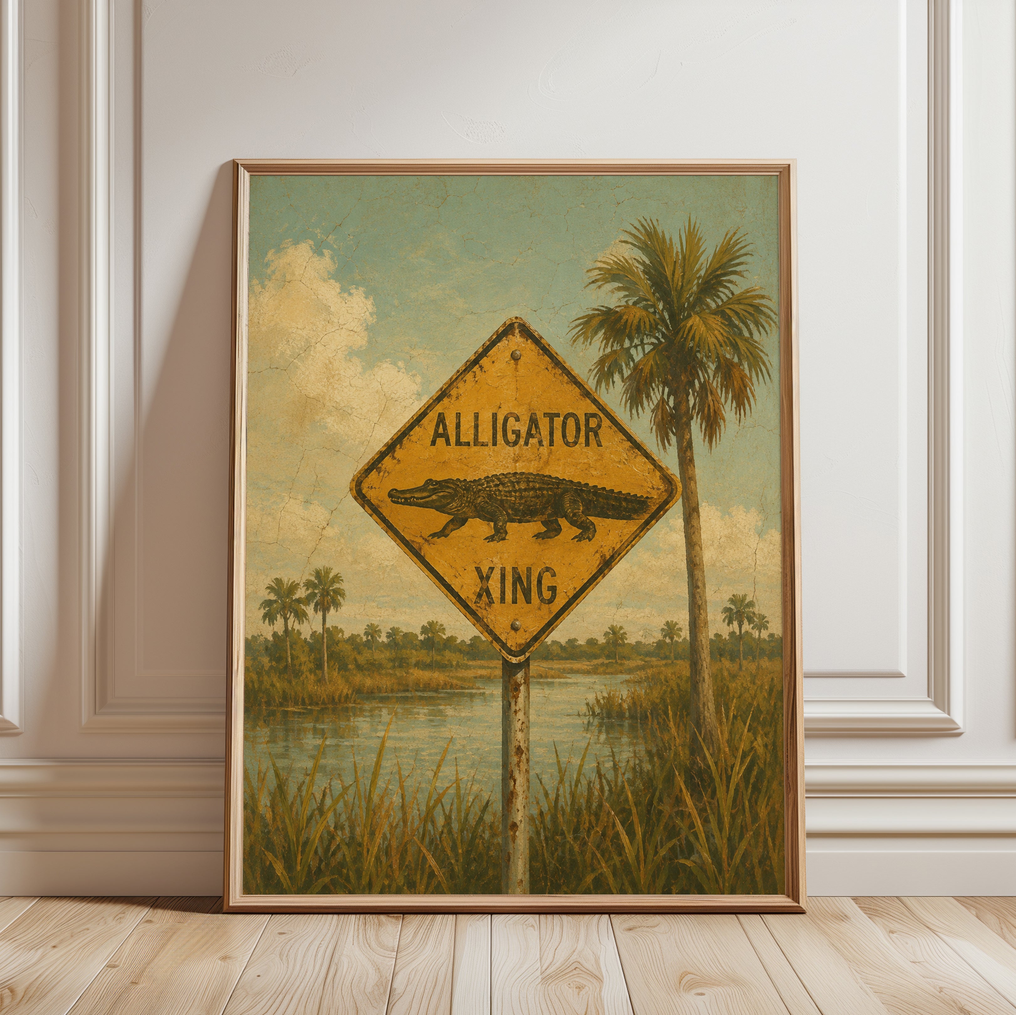 Alligator Crossing Sign - framed detail