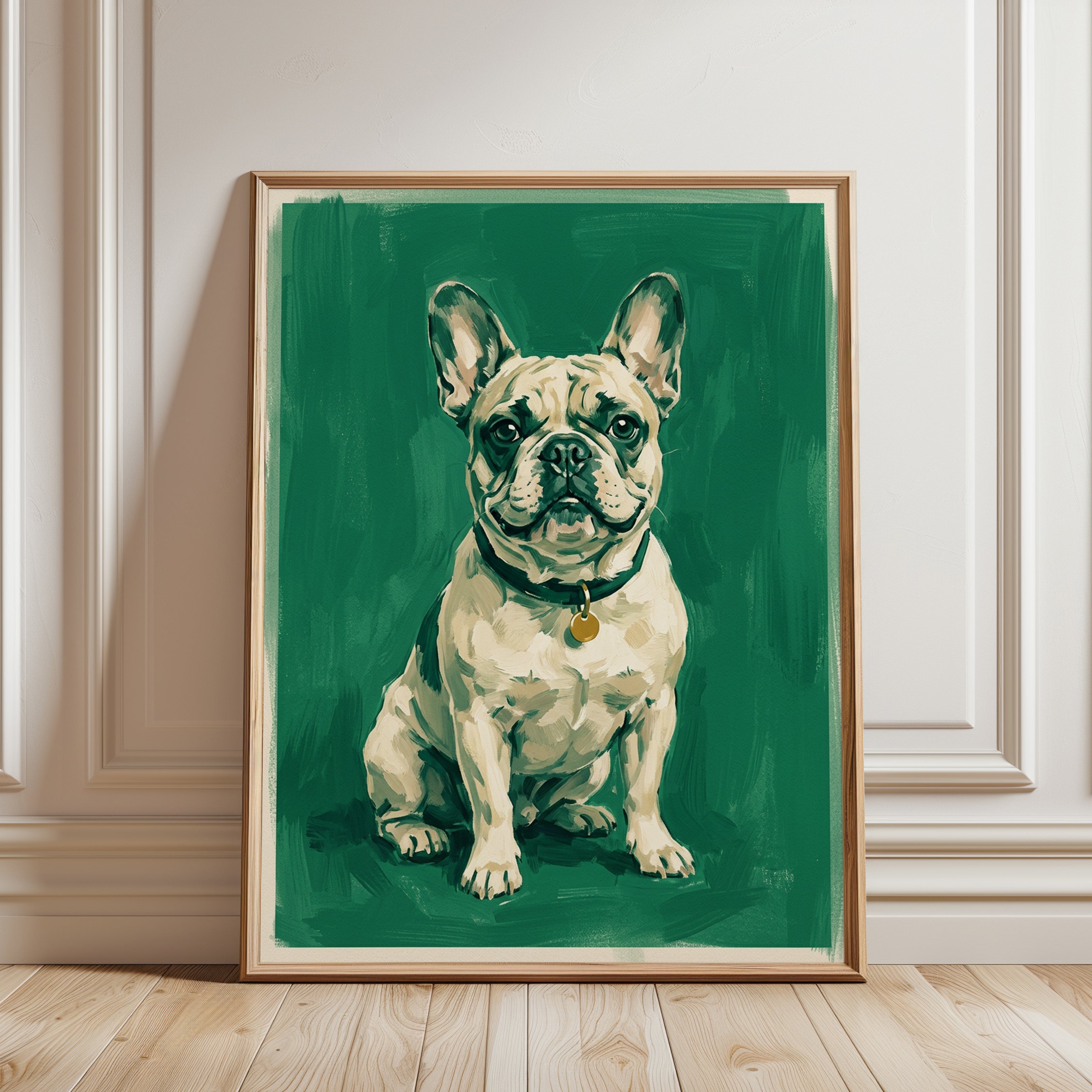 French Bulldog Print: Emerald Green - framed detail