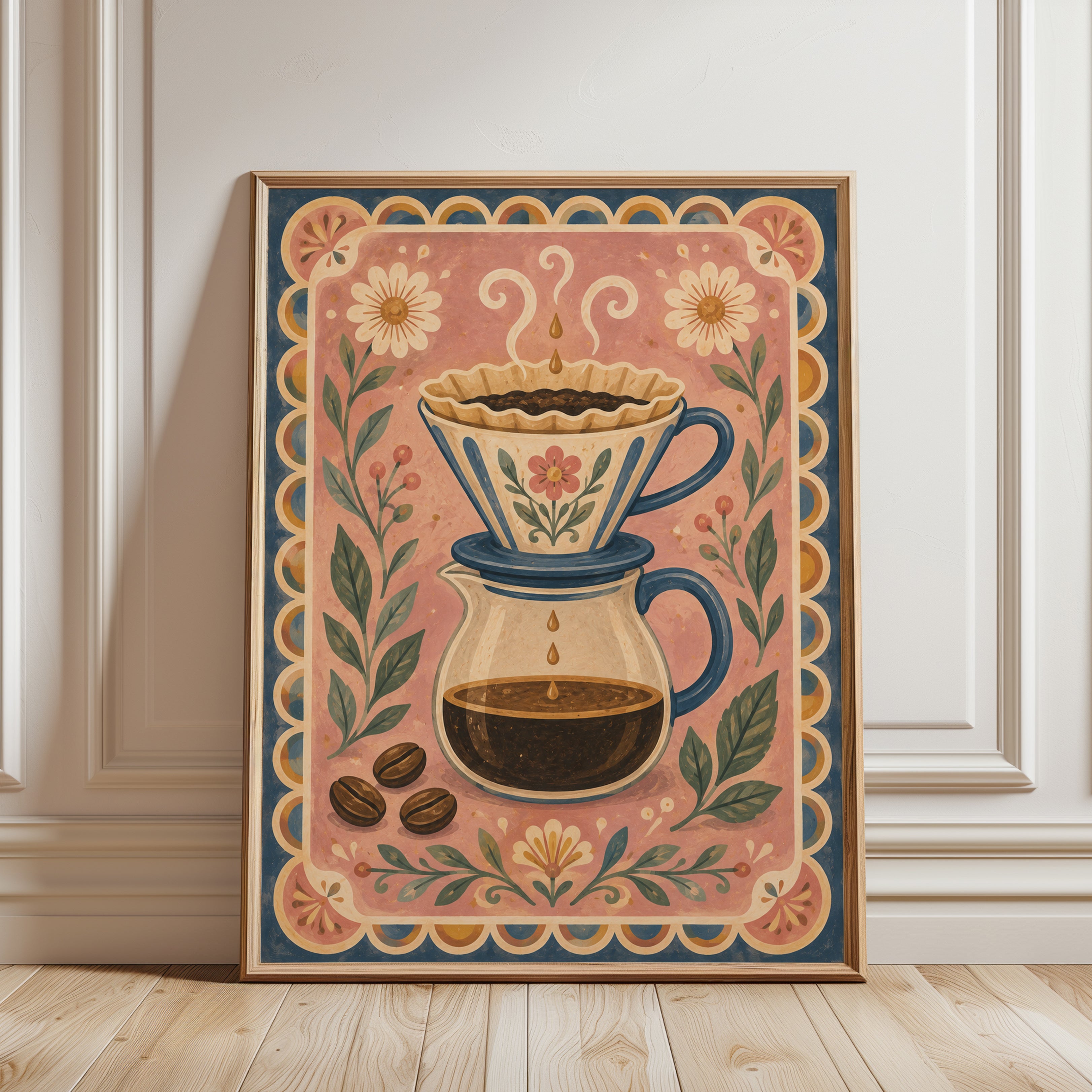 Folk Art Coffee Print – Botanical Kitchen Decor - framed detail