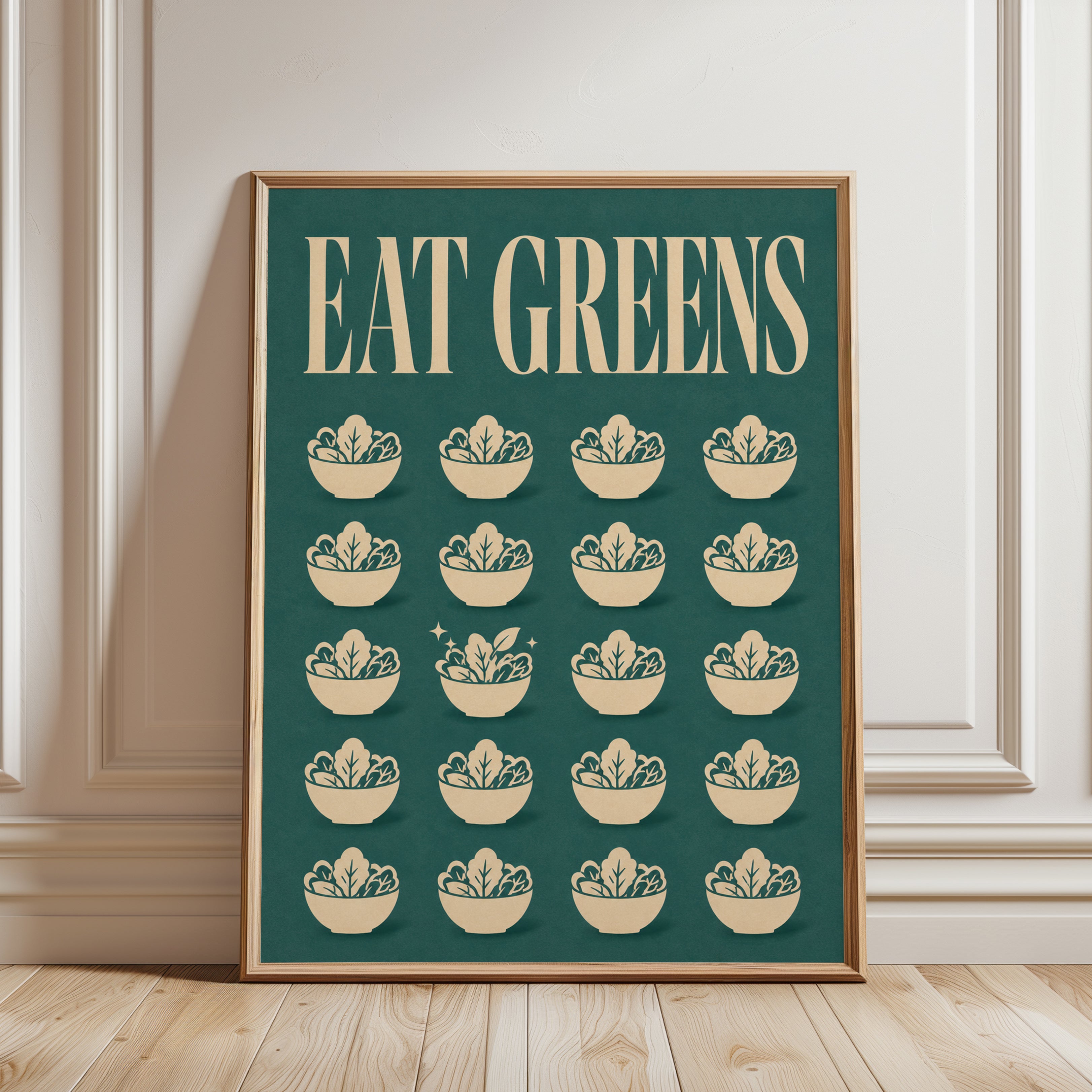 Eat Greens Kitchen Print: Retro Vintage Health Poster - framed detail