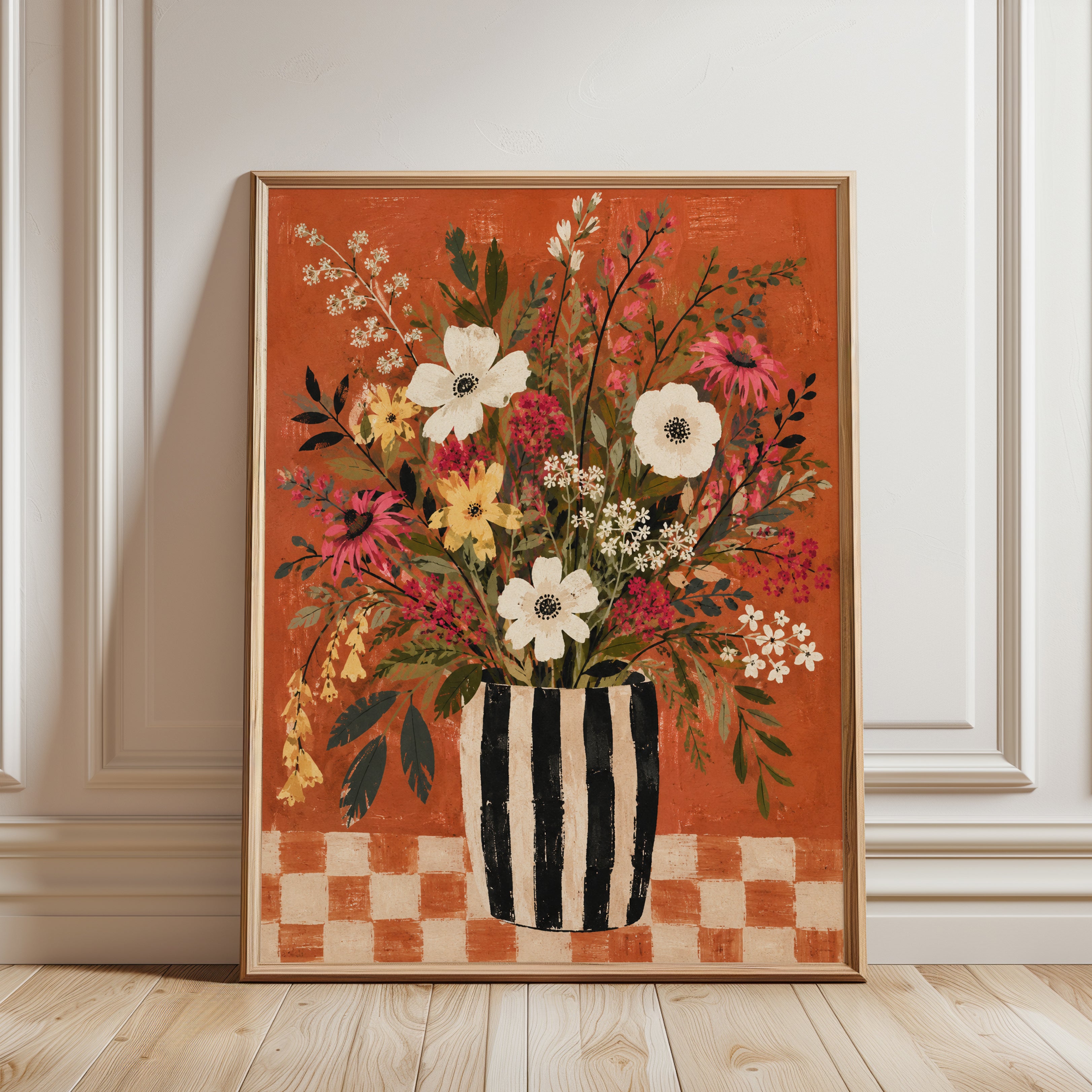 Floral Vase Wall Art – Retro Botanical Print - framed detail