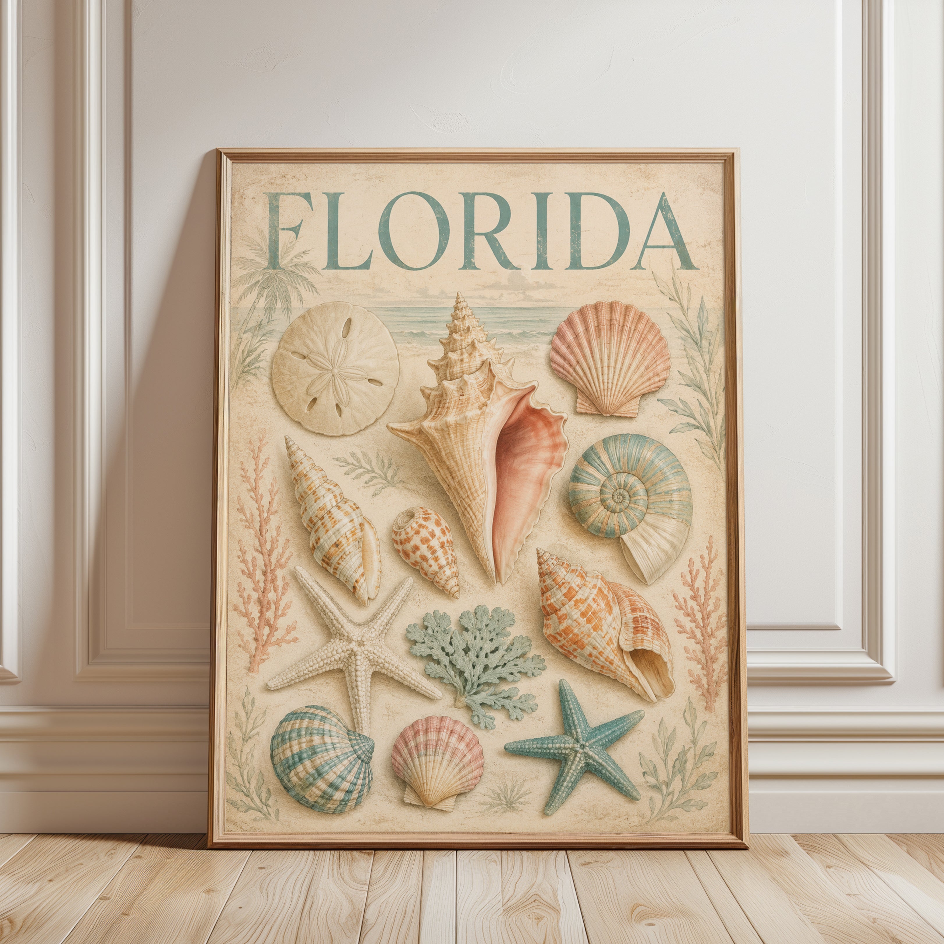 Florida Travel Poster – Coastal Seashell Wall Art - framed detail