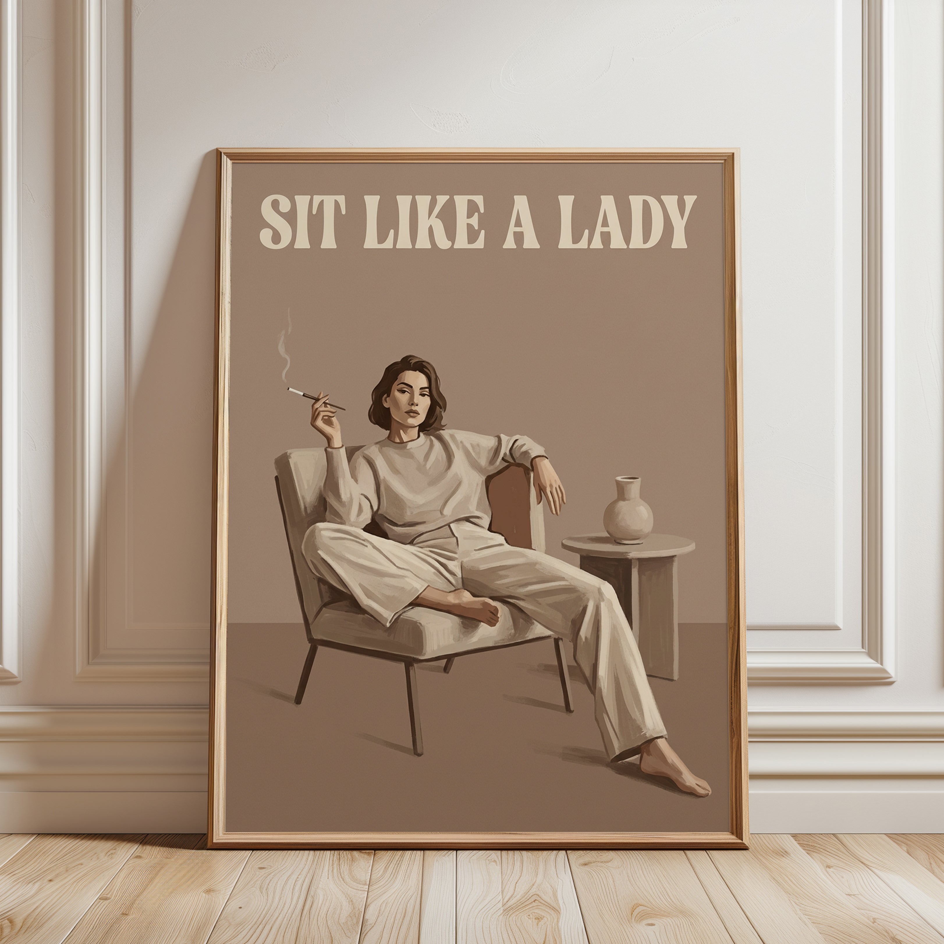 Sit Like A Lady Wall Art: Vintage Feminist Neutral Tone Print - framed detail