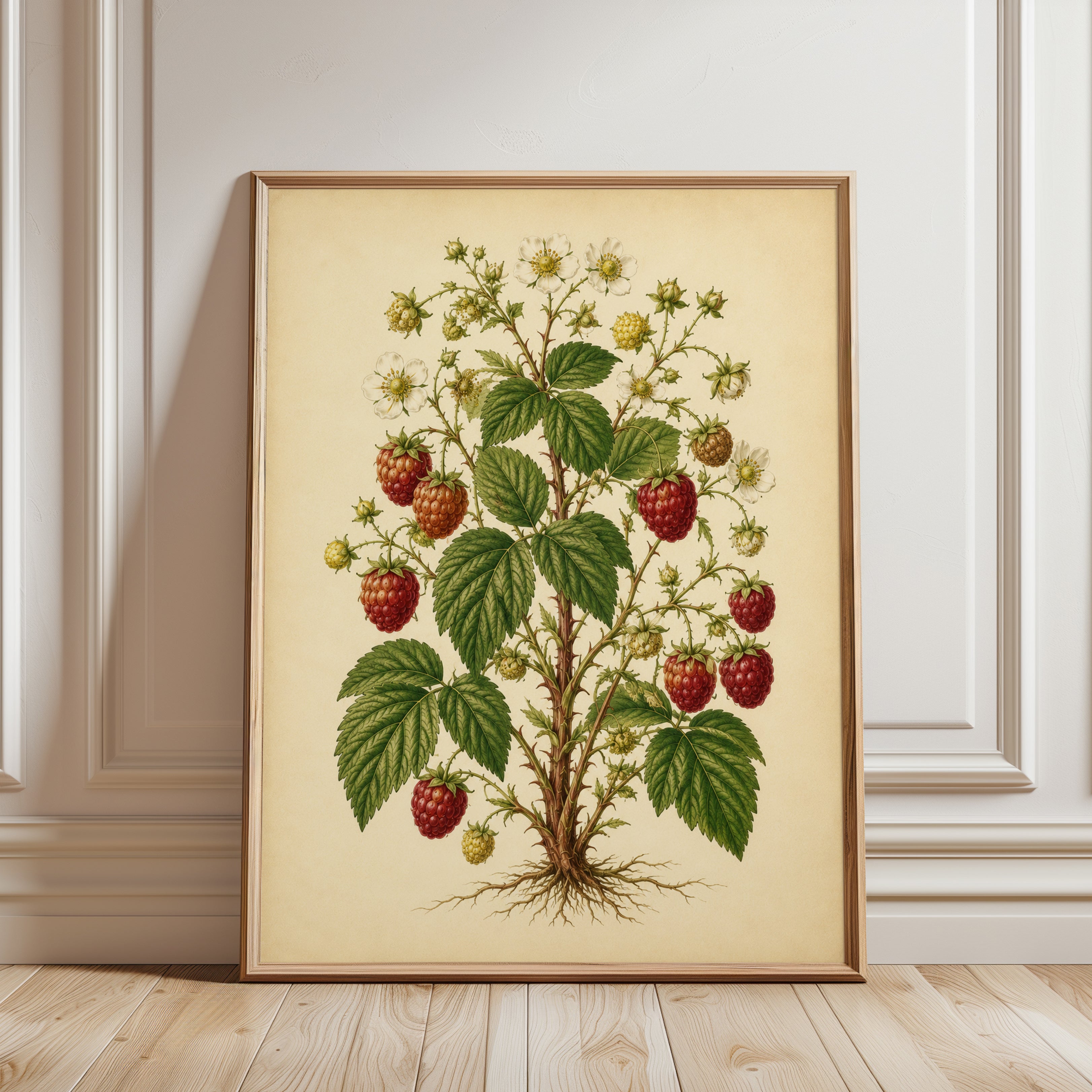 Vintage Botanical Raspberry Print — Antique Fruit Illustration - framed detail