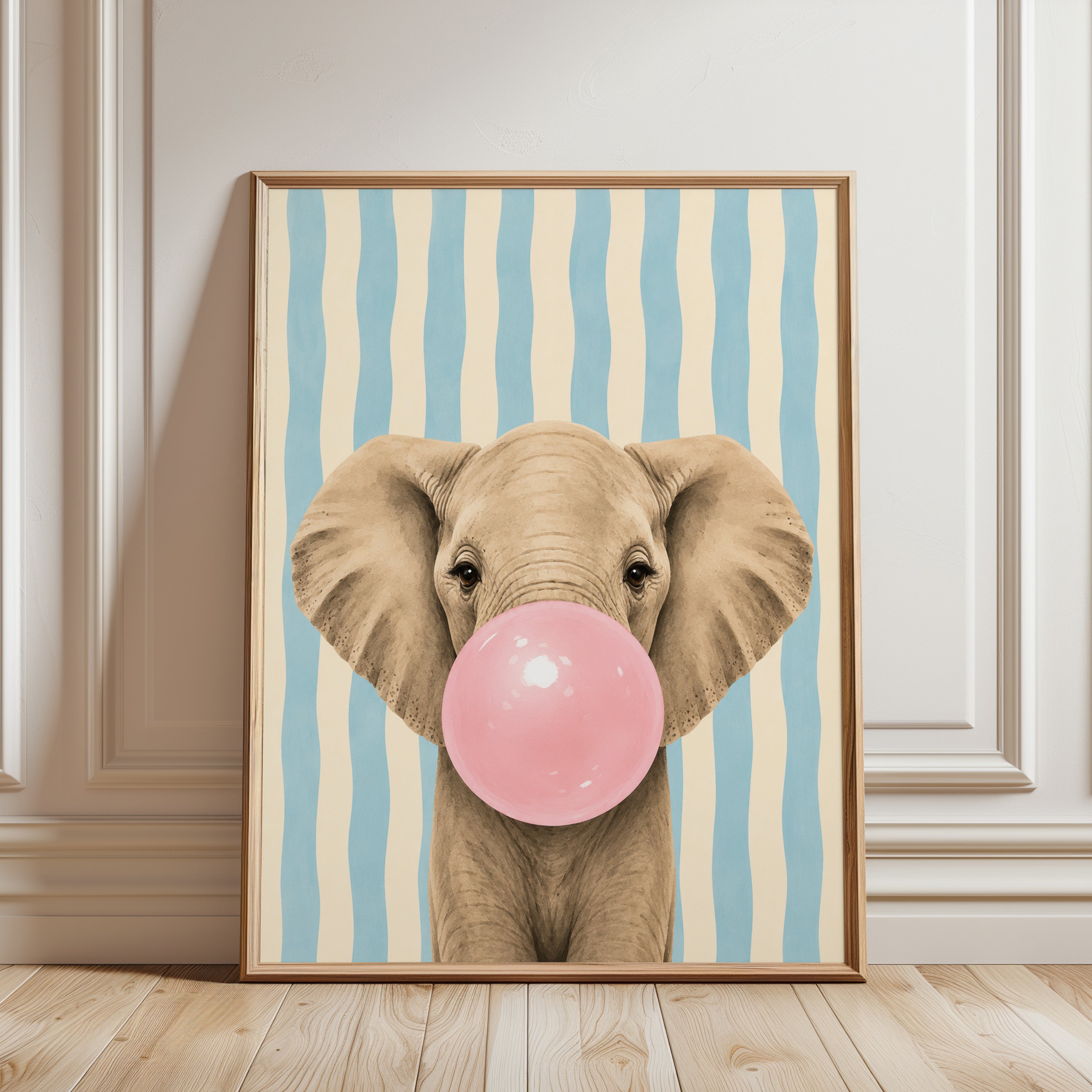 Elephant Bubblegum Print: Whimsical Animal Art with Blue Stripes - framed detail