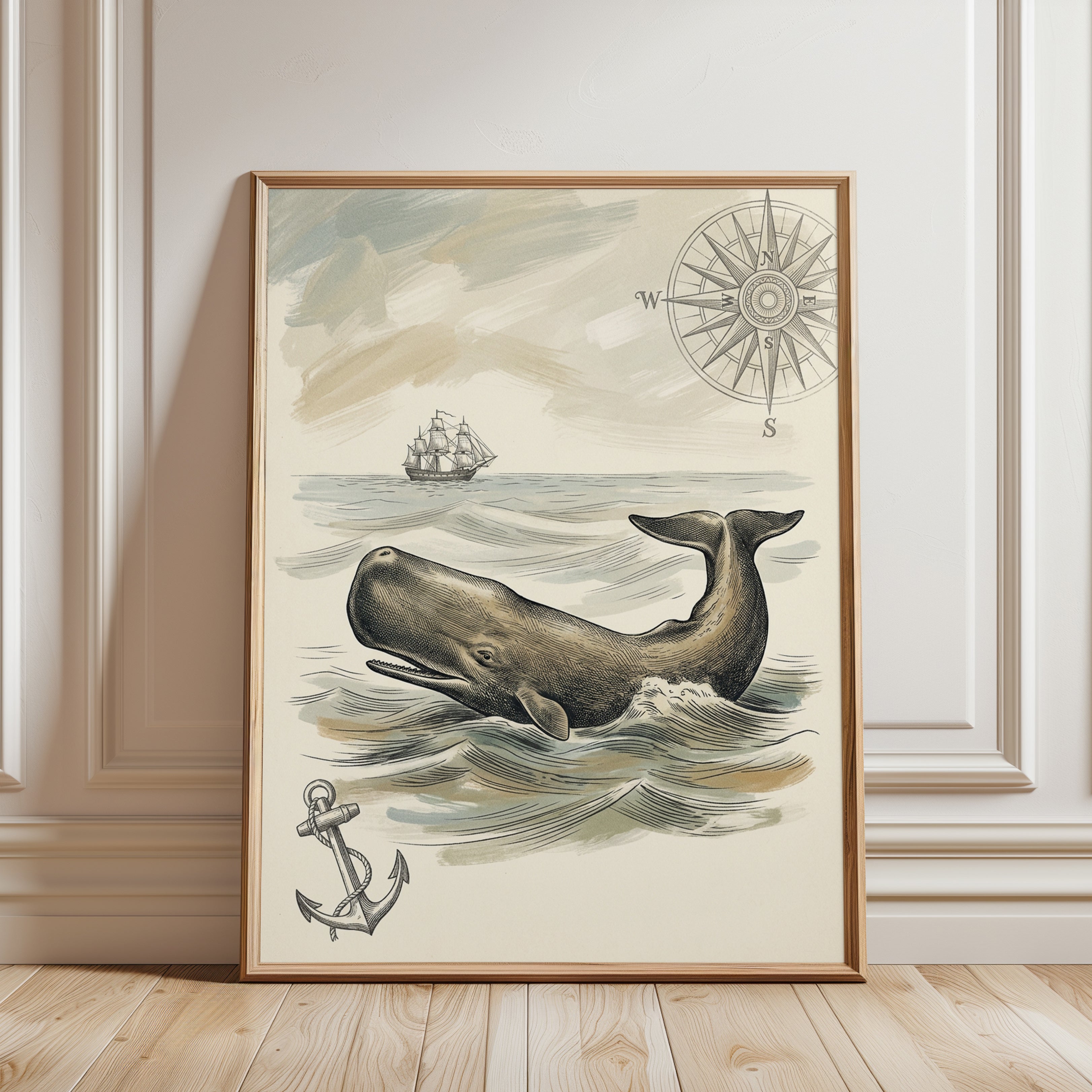 Vintage Whale Nautical Print: Victorian Maritime Illustration - framed detail