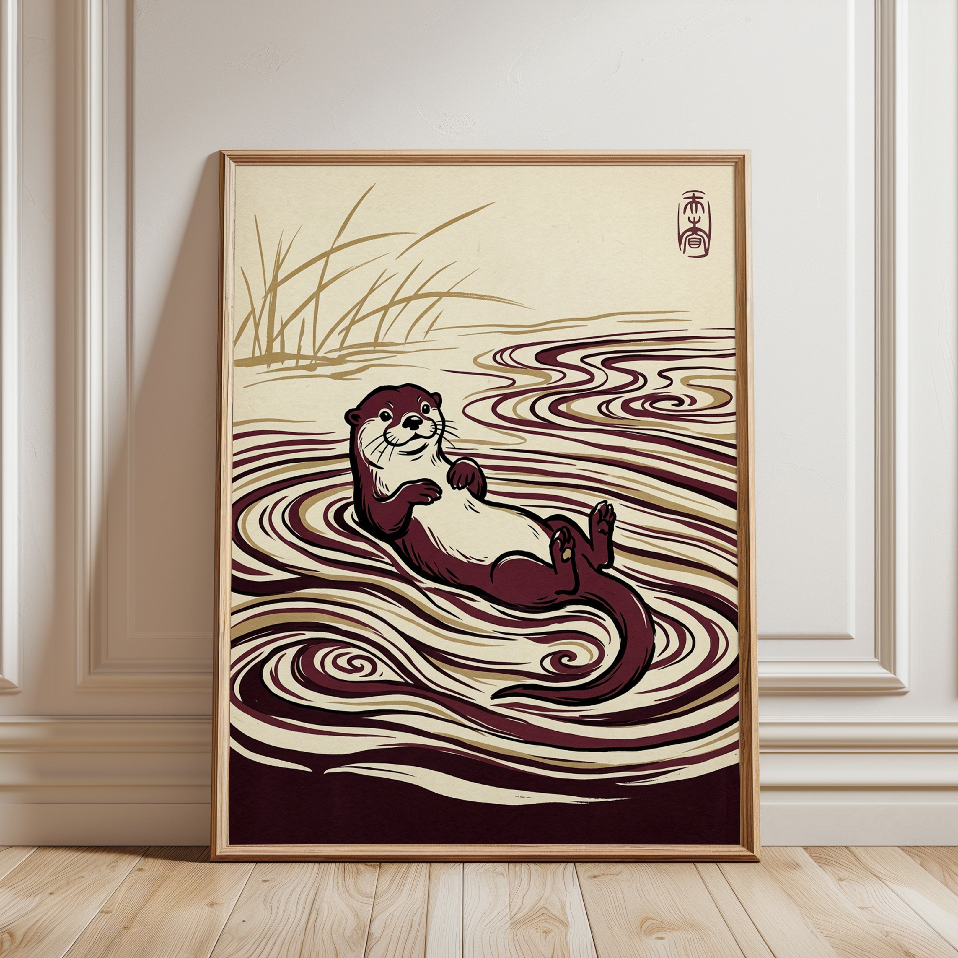 River Otter Art Print: Japanese Style Brown and Cream Waves - framed detail