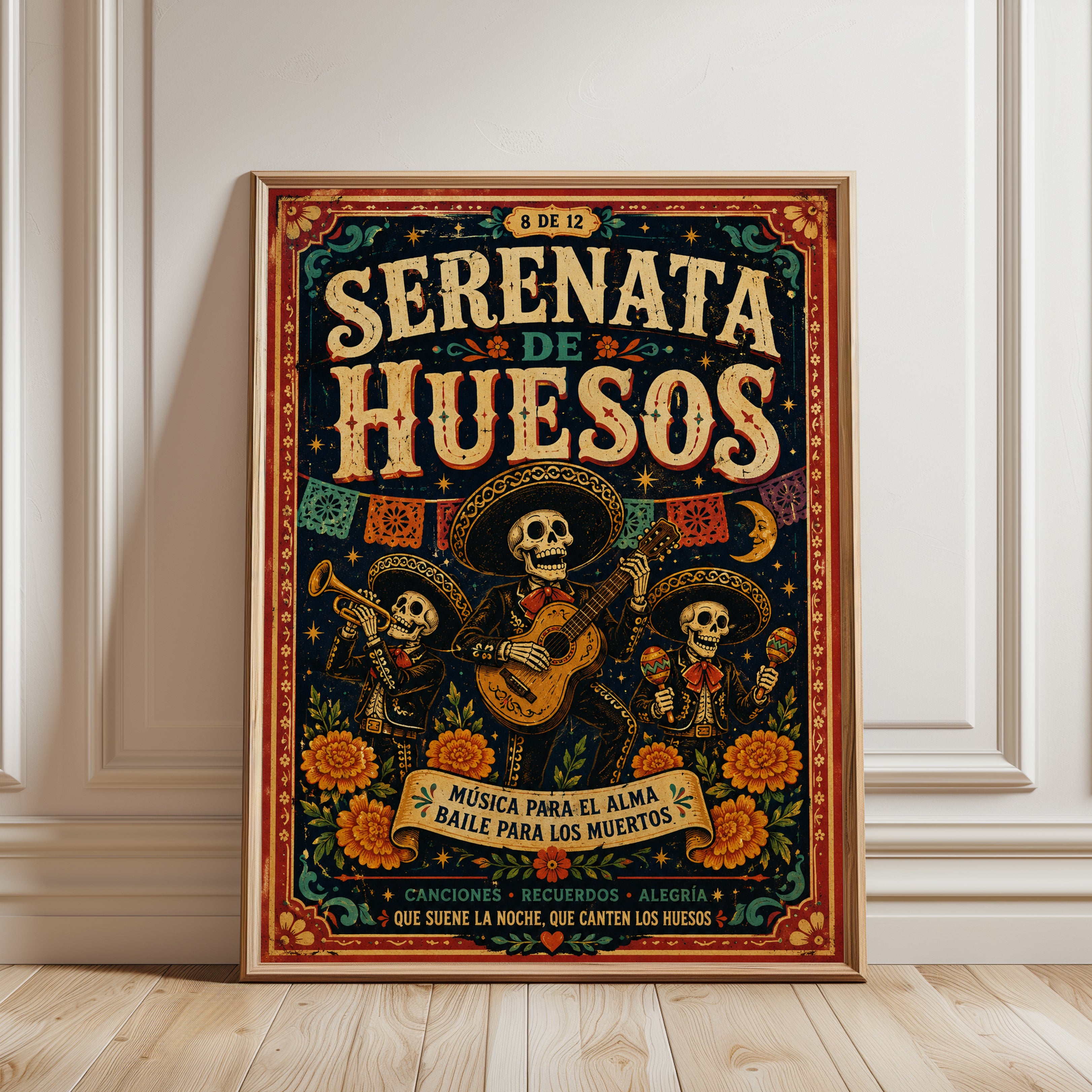 Day of the Dead Print: Vibrant Mexican Folk Art (Mariachi Skeletons) - framed detail