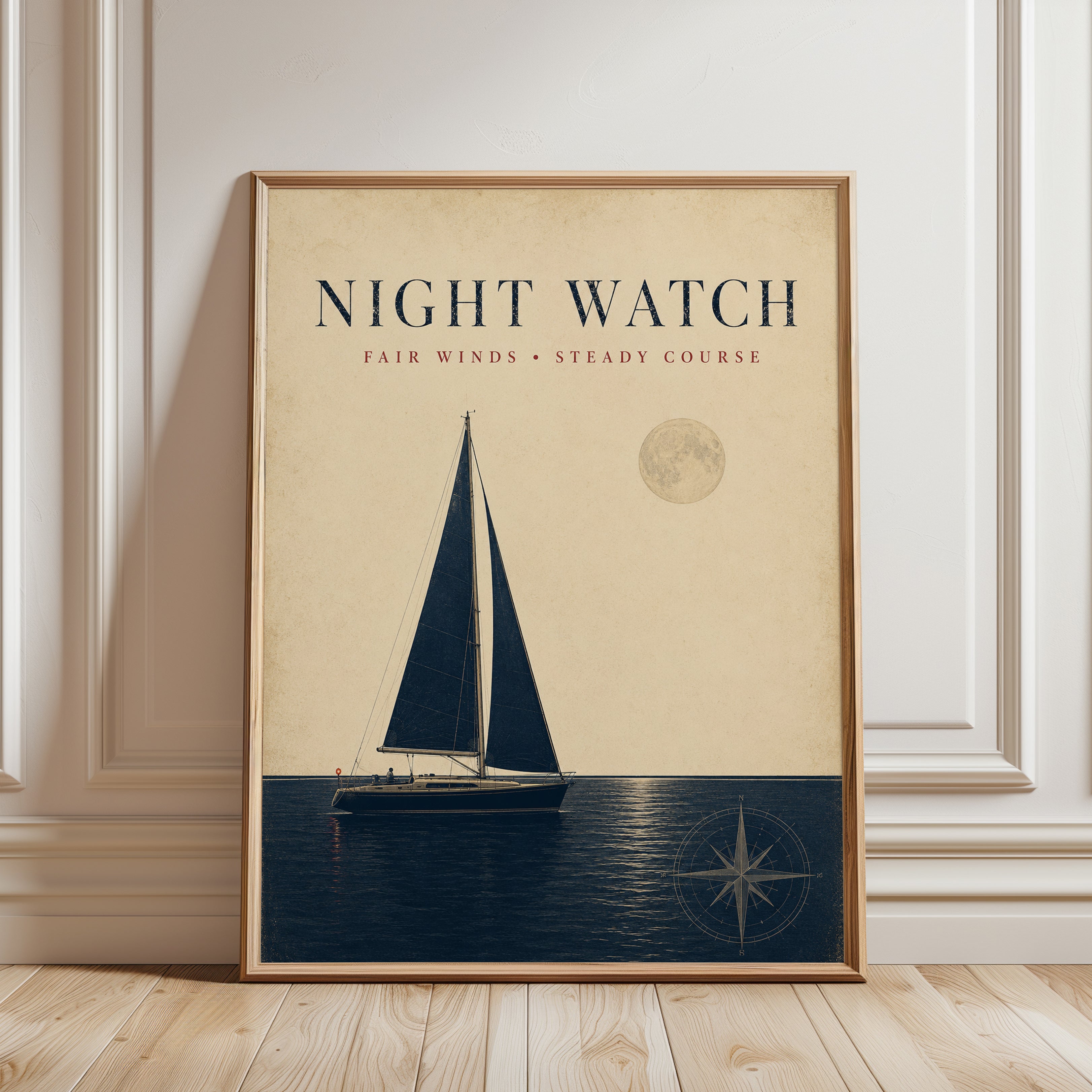 Night Watch Sailboat Art Print: Vintage Nautical Moon Poster - framed detail