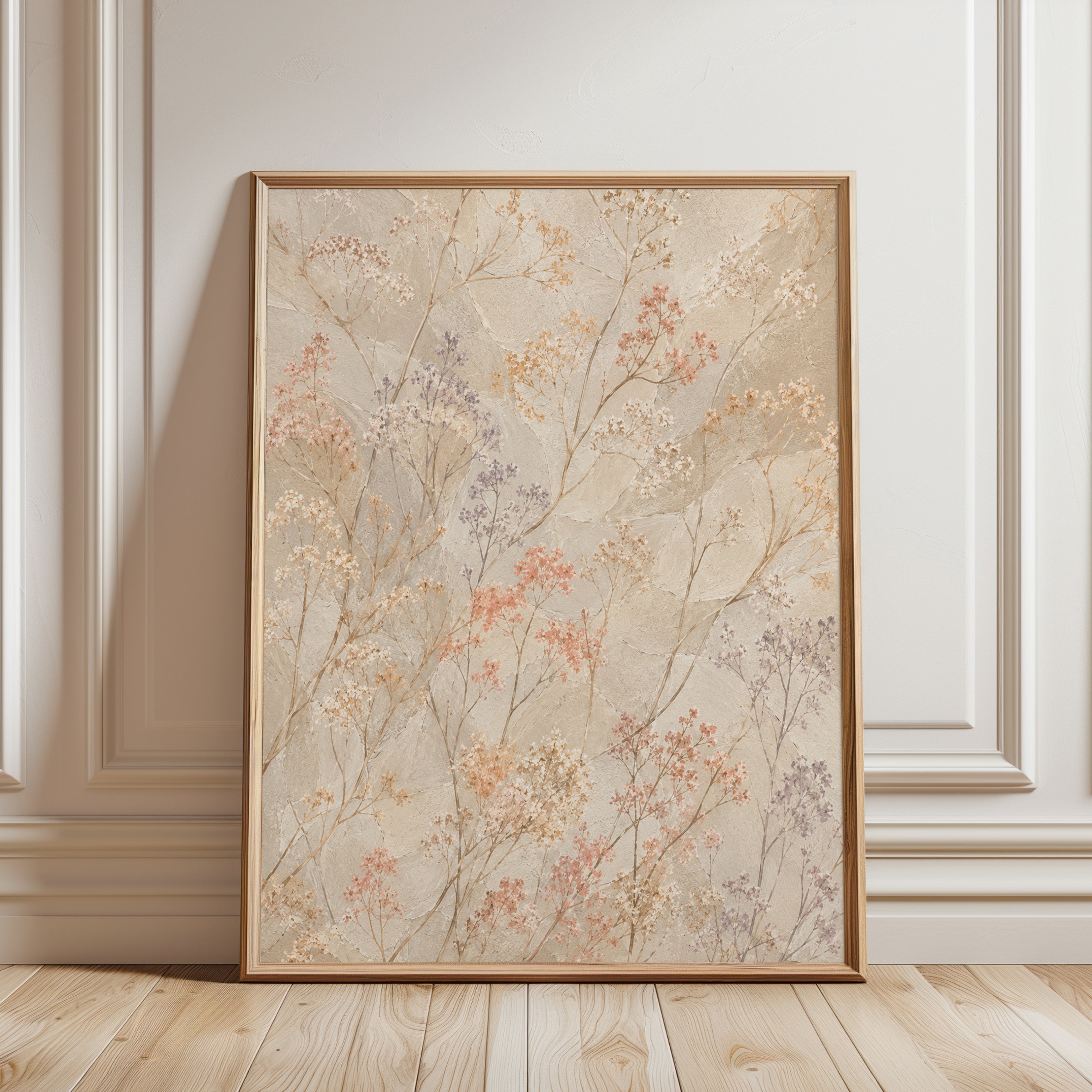 Delicate Wildflower Branches Wall Art: Soft Beige Botanical Print - framed detail