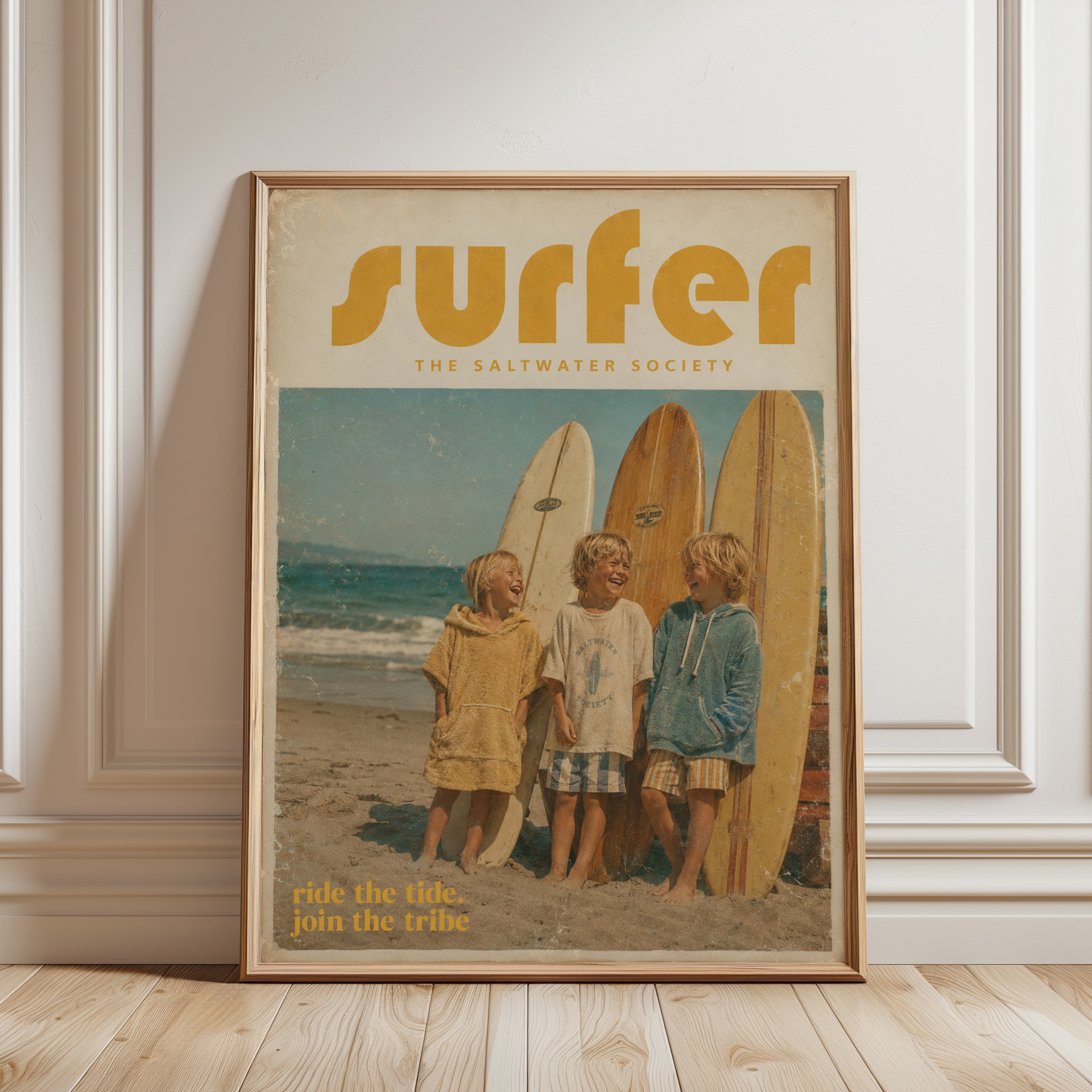 Vintage Surf Poster Print — Retro Beach Boys & Surfboards - framed detail
