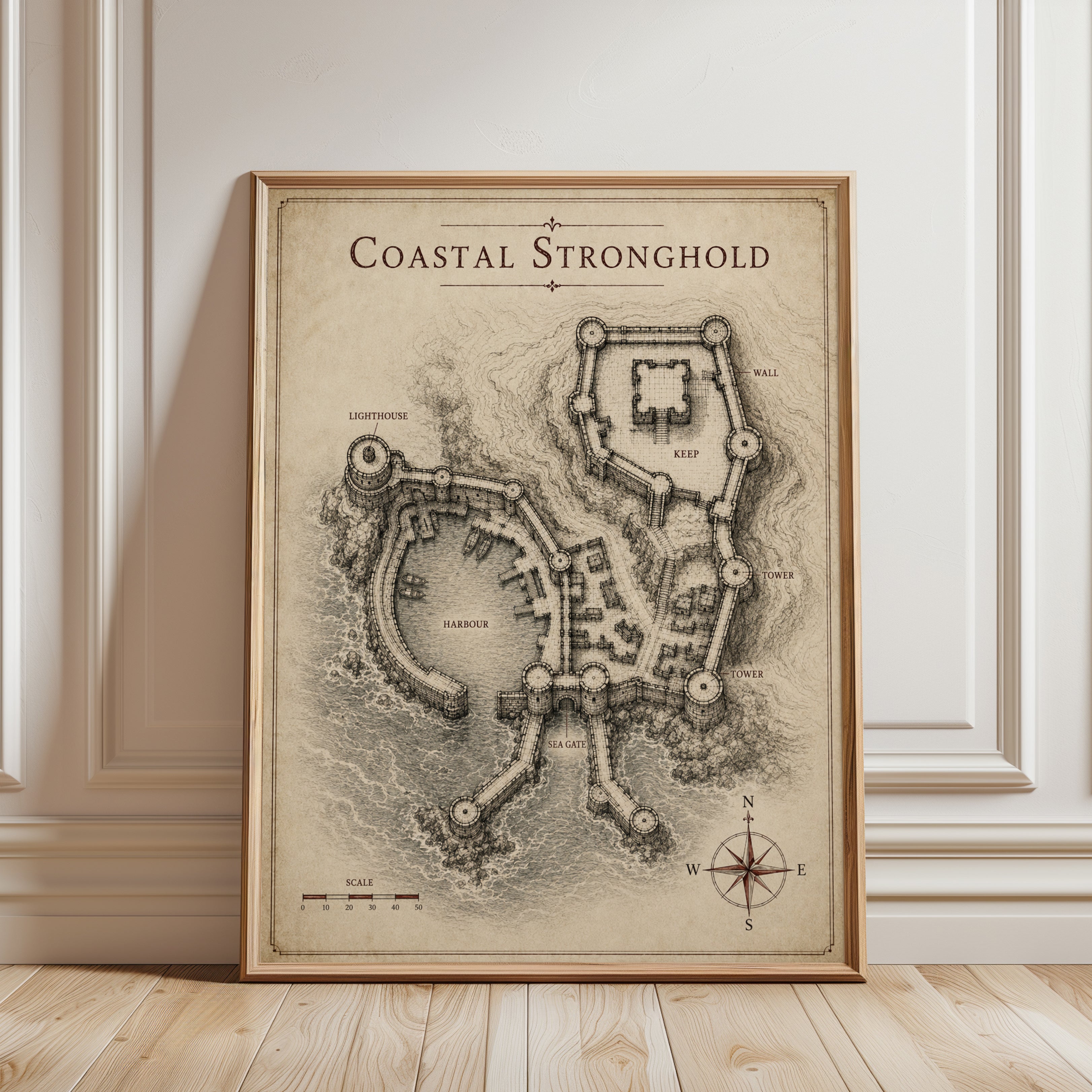 Coastal Stronghold Map Art Print: Medieval Fantasy Fortress - framed detail