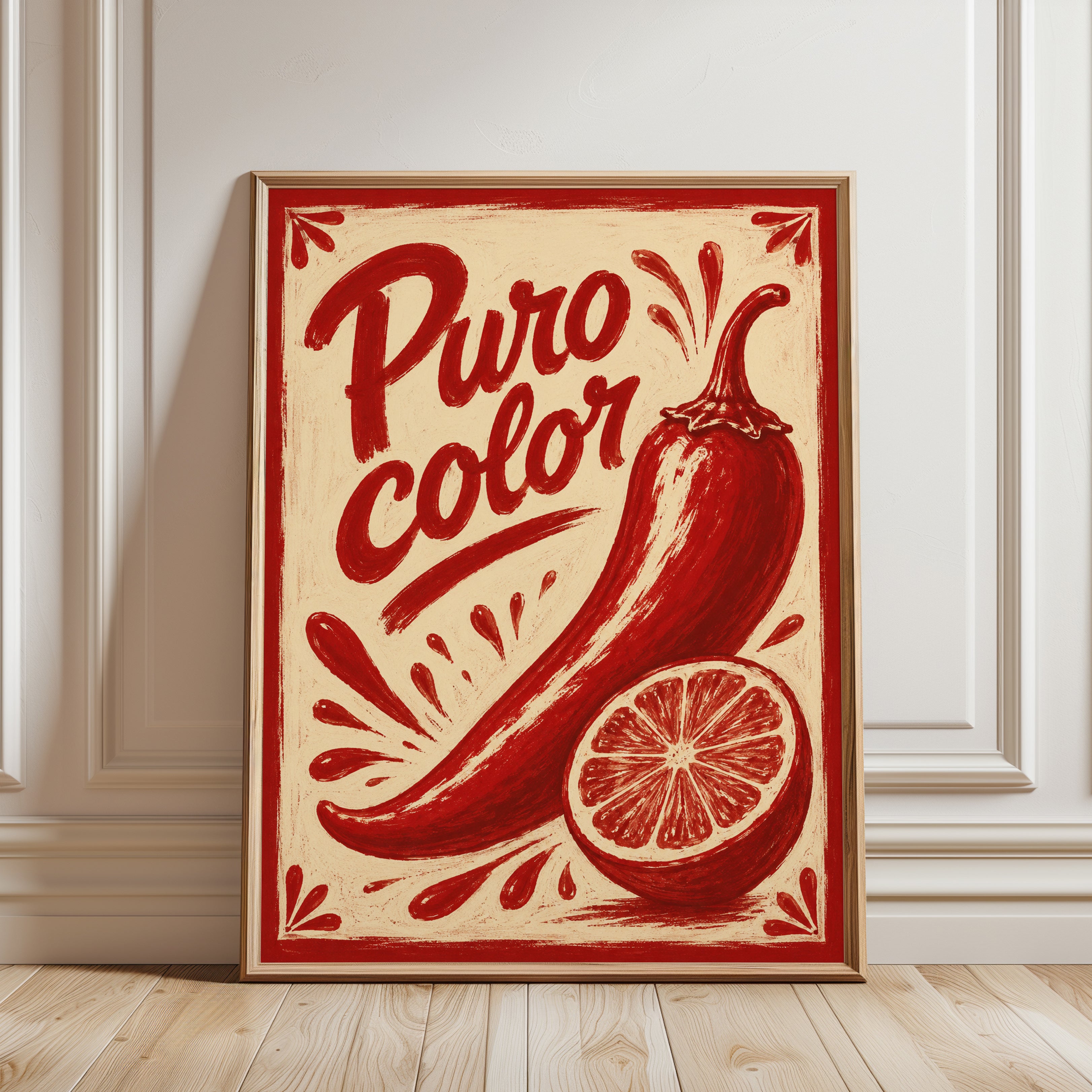 Puro Color Chili Pepper Print: Retro Red Kitchen Wall Art - framed detail